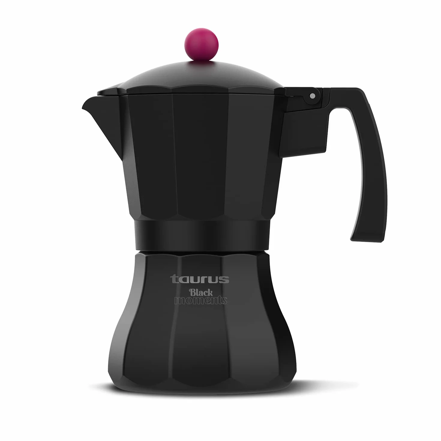 Taurus Black Moments 6 - Cafetera italiana, 6 tazas, base y filtro de acero inoxidable, válvula de seguridad, cierre de silicona para mayor seguridad, para todos los fuegos, tapa transparente, negro