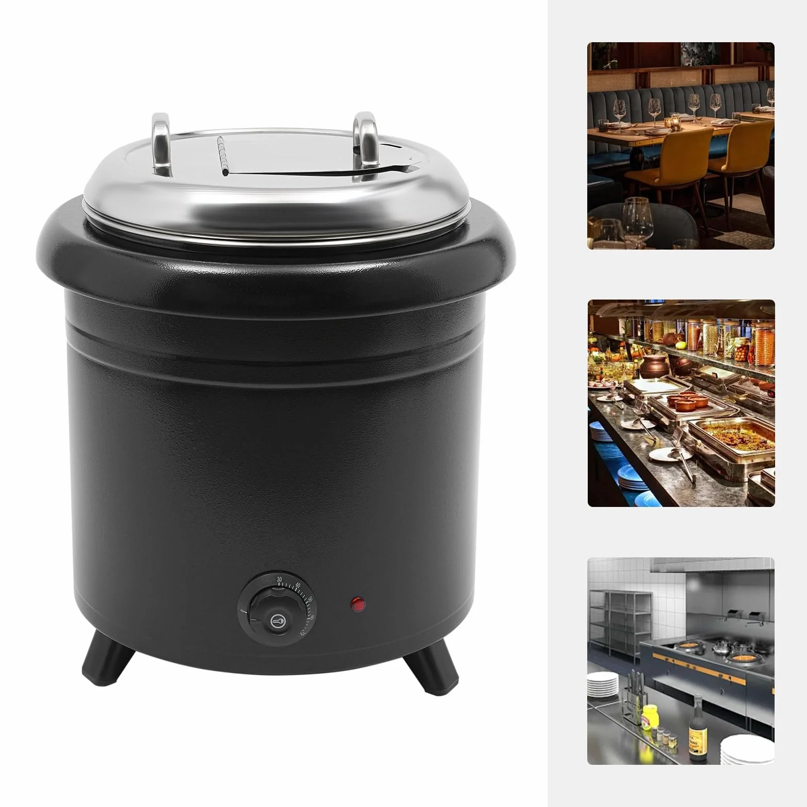 Olla para sopa, 13 L, acero inoxidable, calentador de sopa con tapa, 400 W, temperatura 30 – 85 °C, recipiente térmico regulable, para bufés, cantinas, cafetería y otras ocasiones, color negro