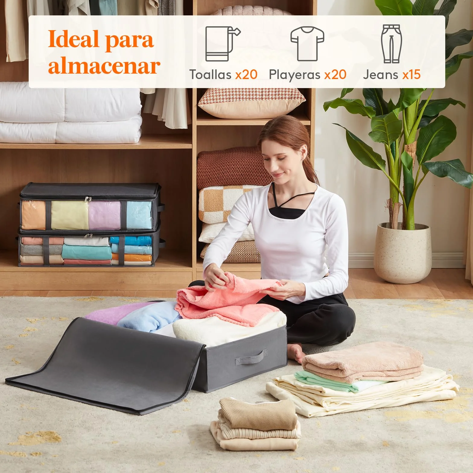 Lifewit Bolsas de Almacenaje para Debajo de la Cama, Cajas para Guardar Ropa con Ventana Transparente Frontal, Organizadore Armario para Toallas, Mantas, Gris, 40 L, 2 Piezas
