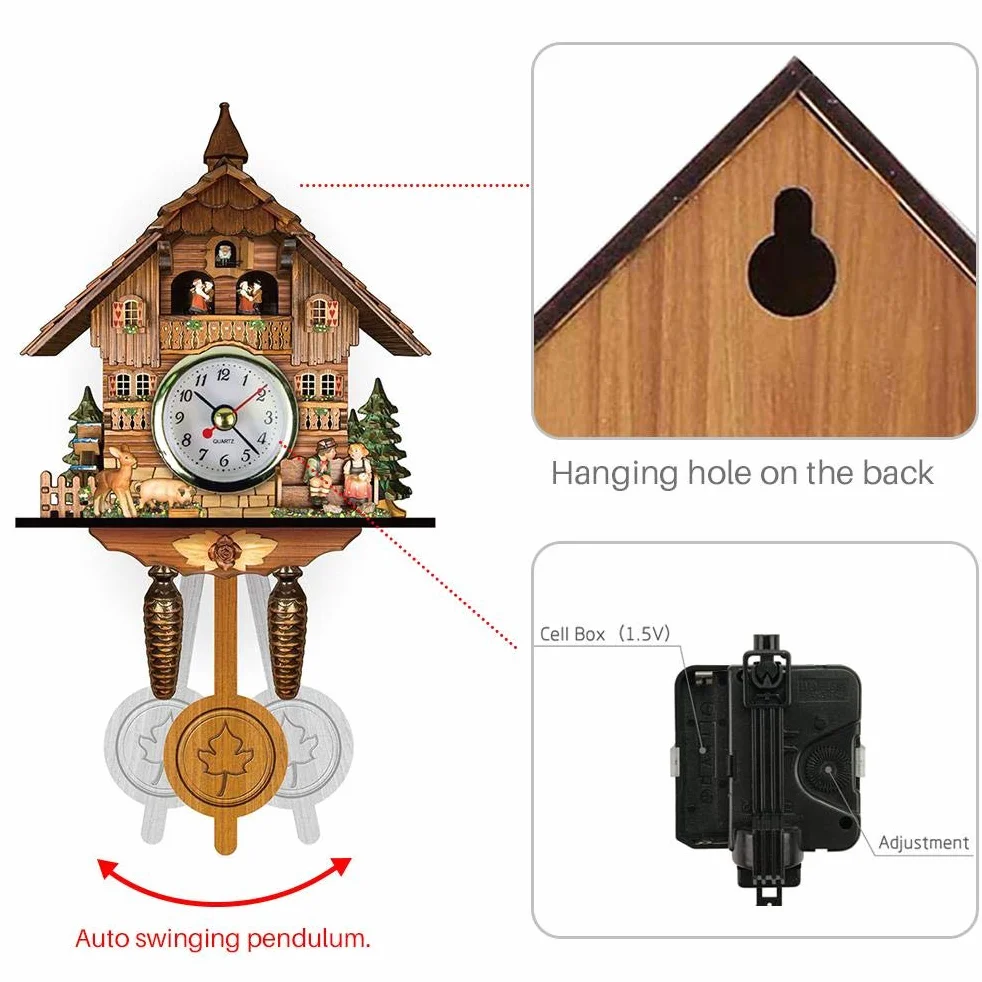 Reloj de Cuco Antiguo de Madera, Casa de Pájaros, Reloj de Pared, Decoración del Hogar, Reloj de Cuco Colgante, Péndulo con Campana Oscilante Automática, Decoración del Hogar