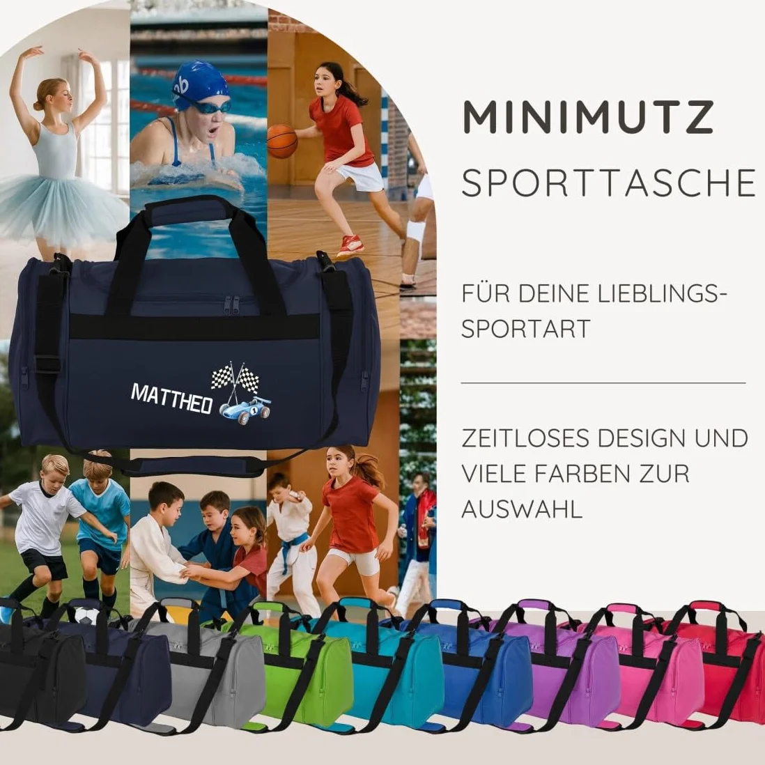 Minimutz Bolsa de deporte infantil personalizada coche carreras 26 L azul oscuro