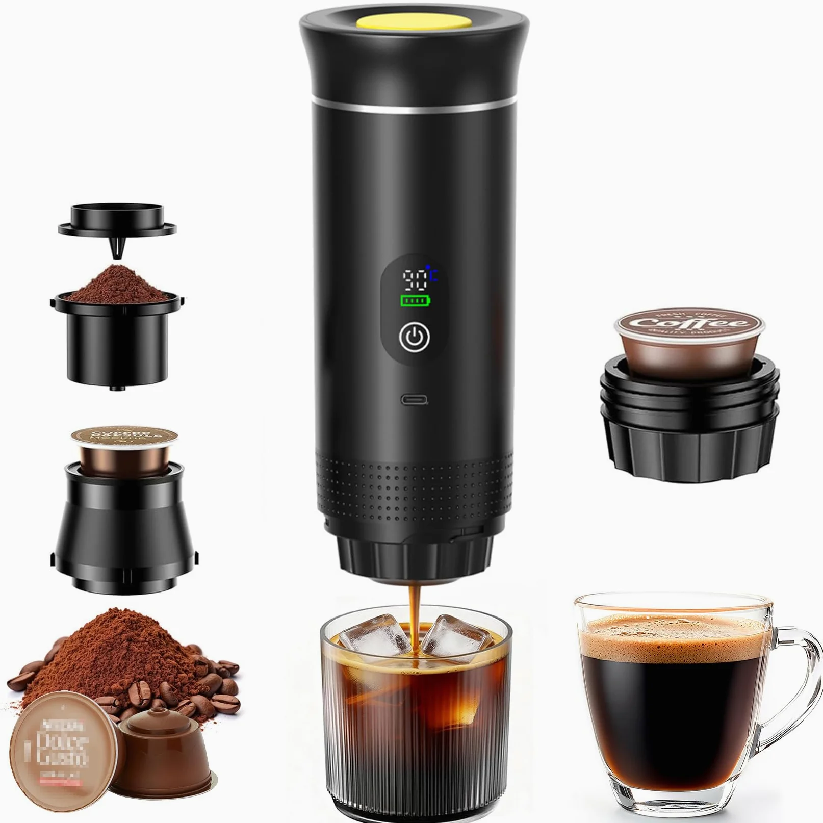Cafetera espresso portátil 3 en 1, mini cafetera de viaje | Con Type-C, cafetera de viaje compatible con cápsulas y café molido, cafetera To Go para coche, oficina, camping