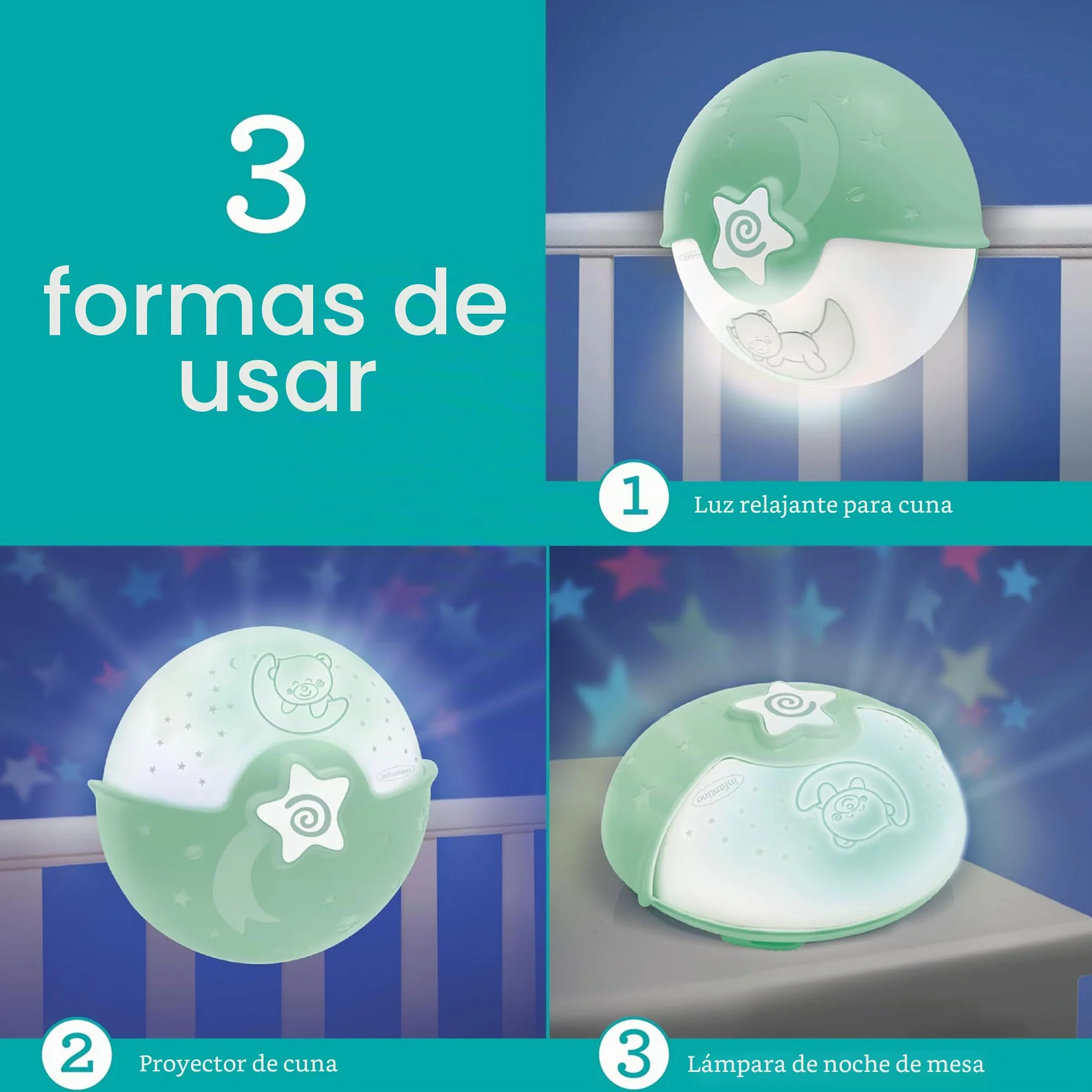 Infantino Luz Calmante y Proyector Nocturna con Clip para Cuna Grow-with-Me, Proyector de Estrellas y Luz de Mesa con Melodías y Sensores de Sonido, Salvia
