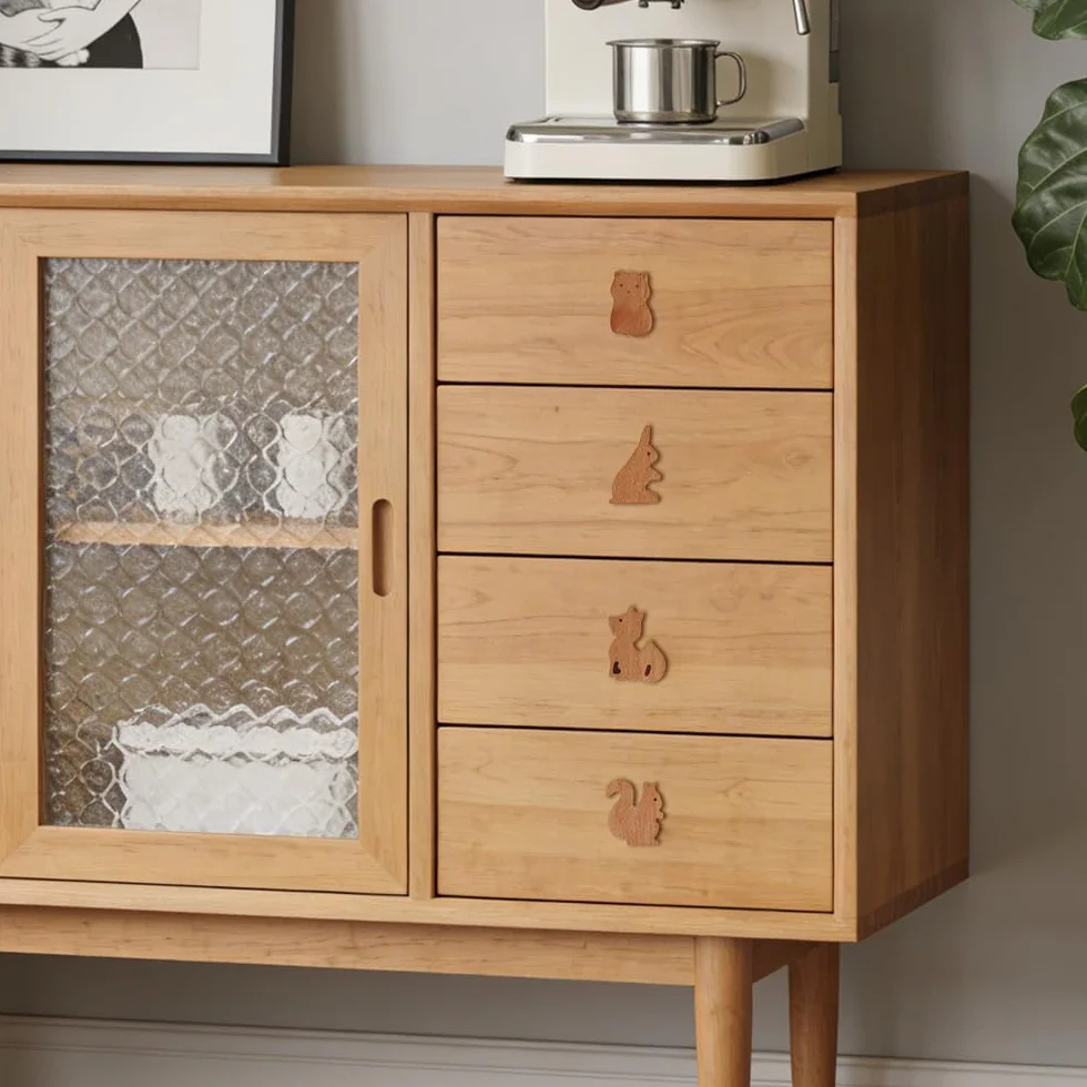 Tiradores Armarios, 6 Piezas Pomos con Adorables Animales para Muebles, Hechos de Madera Maciza con Textura Natural, Ideales para Decorar Habitaciones Infantiles y Tocadores
