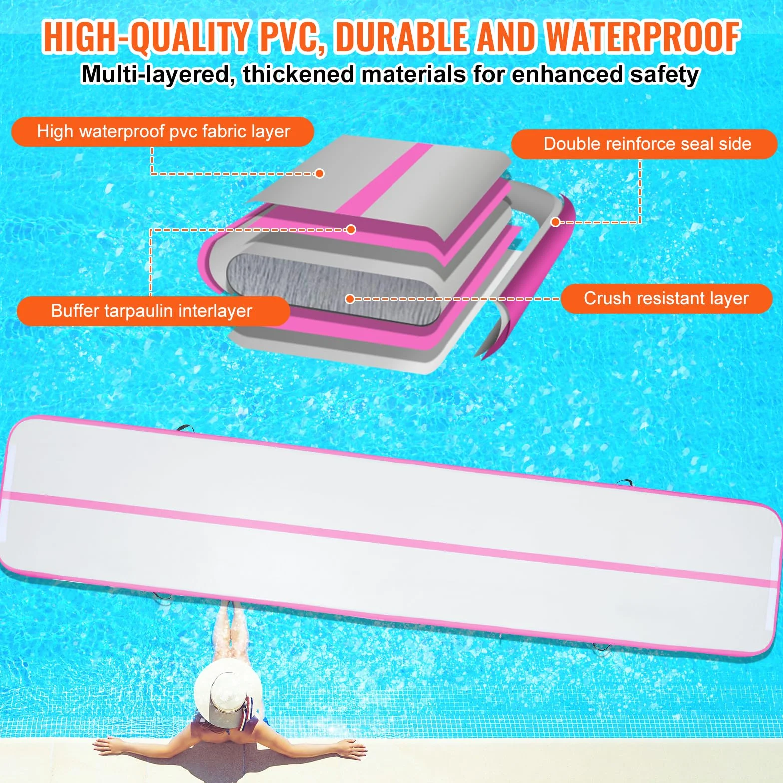 VEVOR Colchoneta Inflable de Gimnasia 10 cm Grosor, Pista de Acrobacia con Bomba Eléctrica, 5 m, Rosa