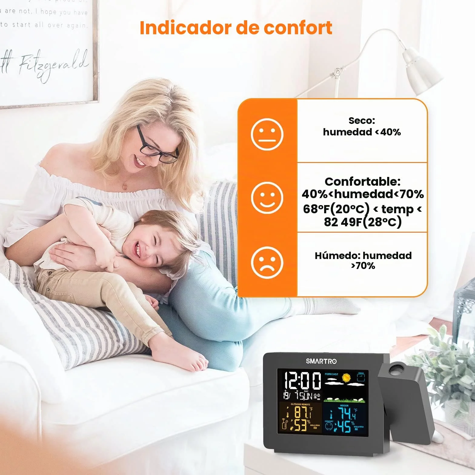 SMARTRO SC91 Despertador de proyección para dormitorios con estaciones meteorológicas, termómetros inalámbricos interiores y exteriores, monitores de temperatura y humedad y higrómetros