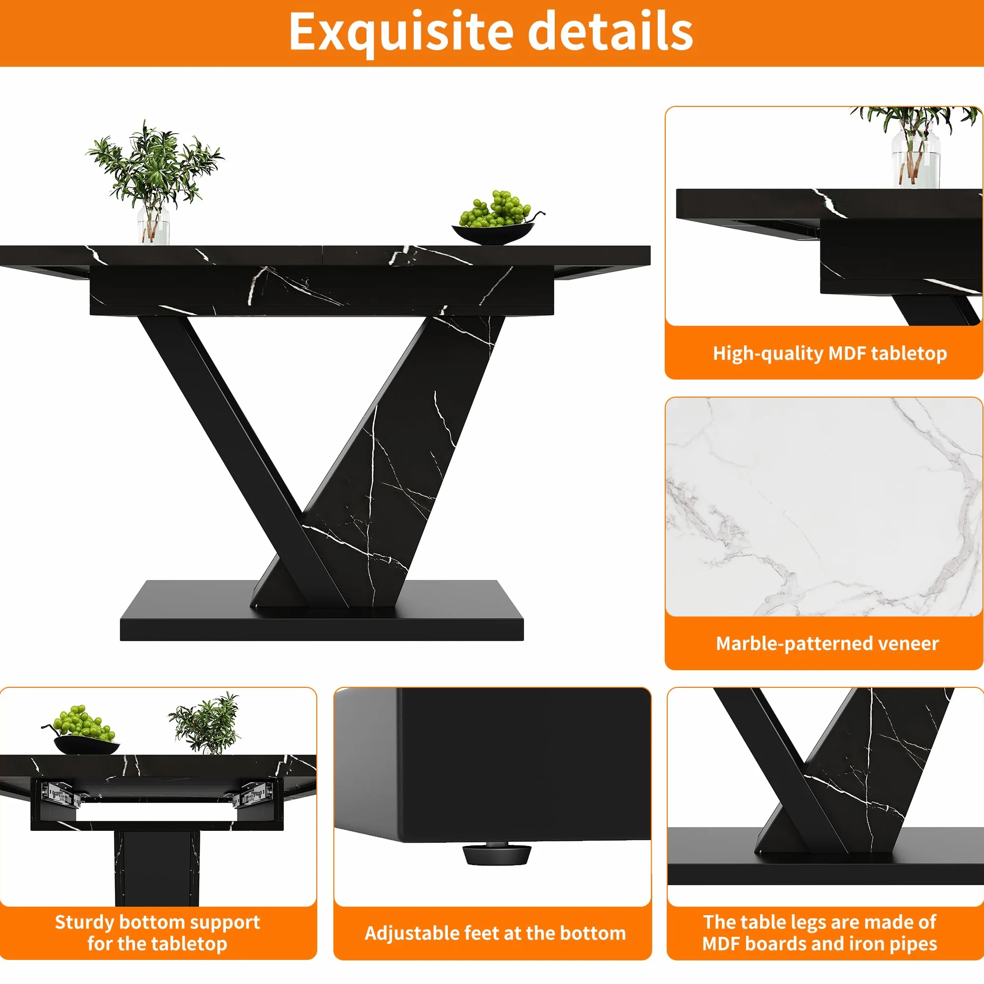Mesa de comedor (120-160 x 75 cm), telescópica, mesa de cocina, mesa extensible, para cocina y salón, con diseño de mármol negro