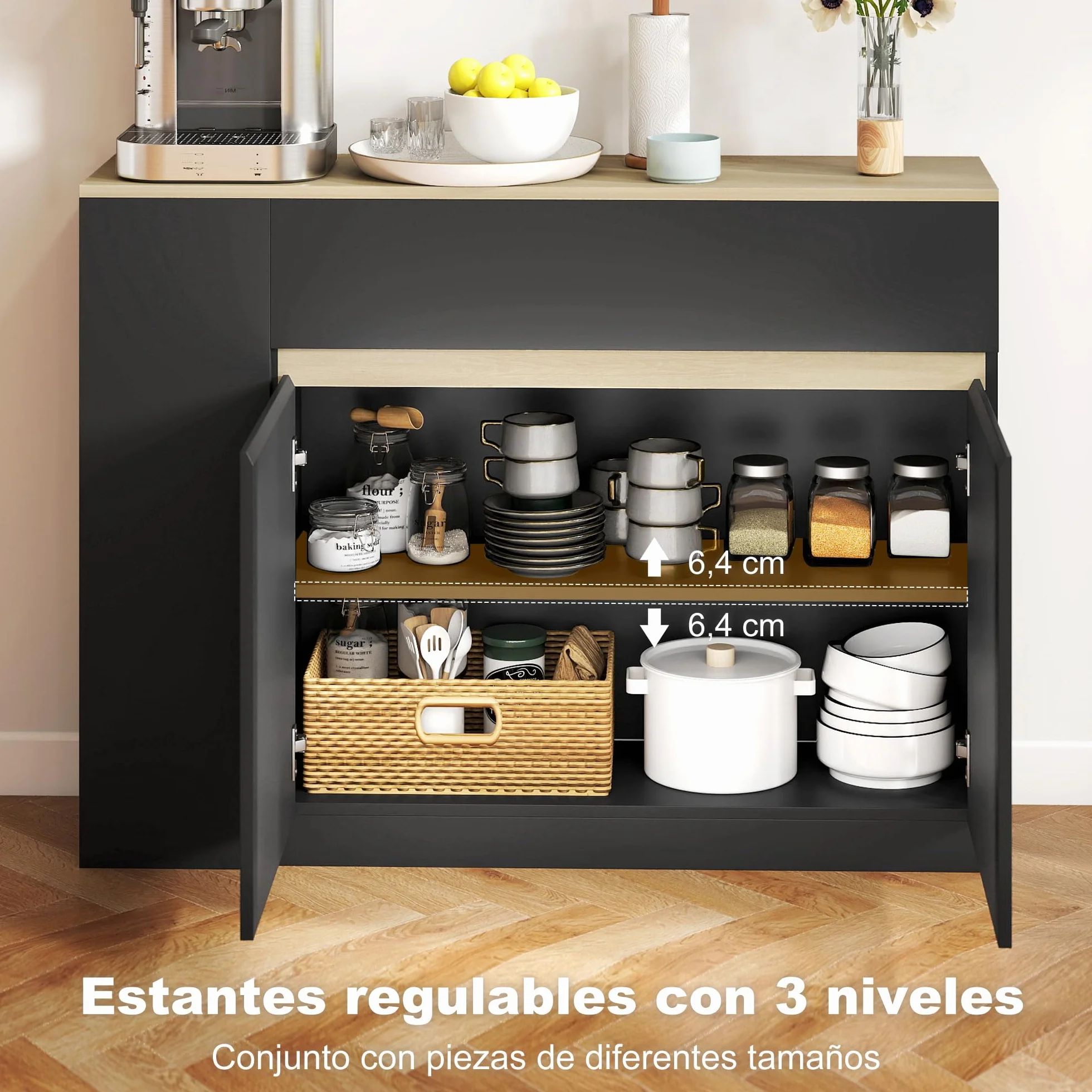 HOMCOM Aparador de Cocina, Armario de Cocina Estrech con 2 Cajones, 3 Estantes Abiertos, 2 Puertas, Estante Ajustable, Aparador Nórdico para Comedor, 110x29,5x82 cm, Negro
