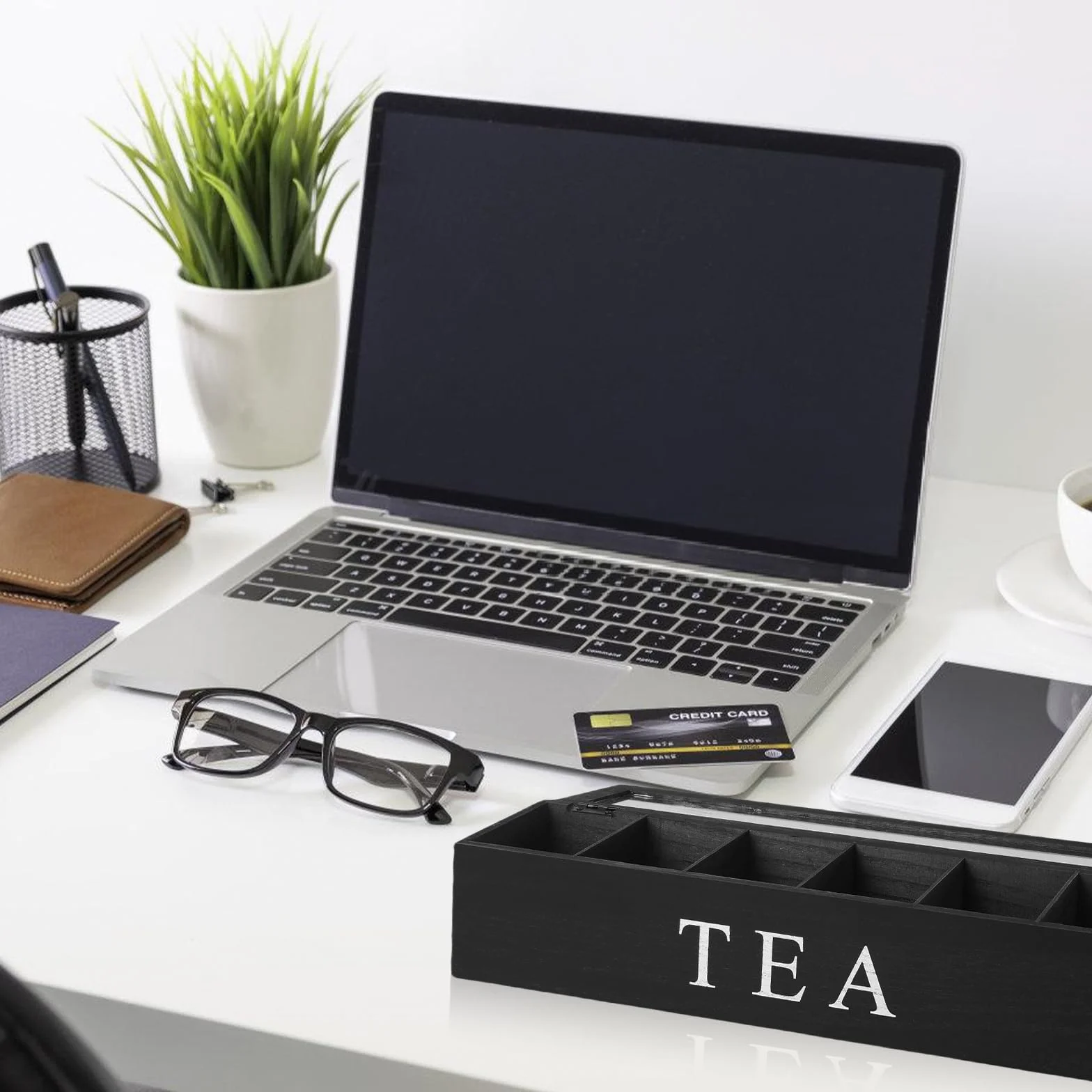 Organizador de bolsas de té con 6 compartimentos, 43 x 9 x 8,7 cm, cajas de té para bolsas de té, caja de almacenamiento de madera maciza negra, almacenamiento para bolsas de té, bolsas de especias