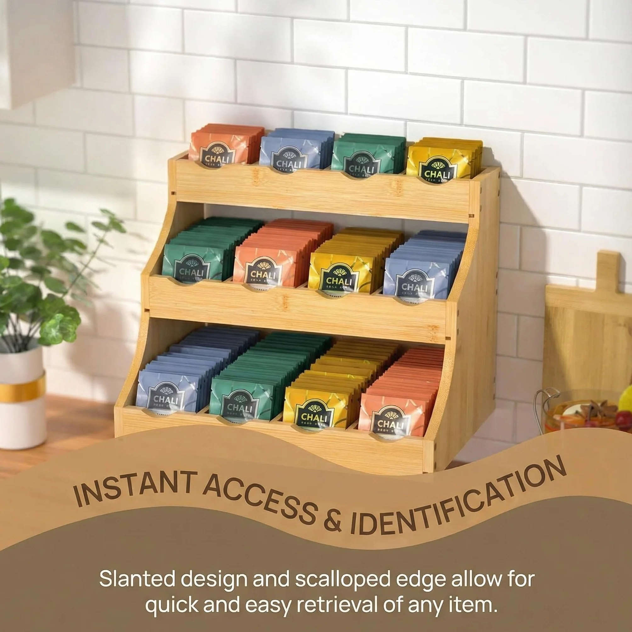 Organizador Infusiones Vertical y Bolsitas de Té, Organizador Bolsas de Té con 3 Niveles y 12 Compartimentos, Soporte Bolsitas de Tea de Bambú, Estante de Tea y Cápsulas de Café- 30x25x20cm