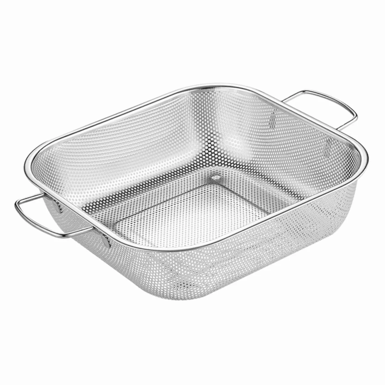 Colador de Acero Inoxidable con Asas Dobles, 1 Pieza, Plata | Gran Capacidad, Drenaje y Filtrado de Agua, Formato Cuadrado para Lavado de Frutas y Verduras
