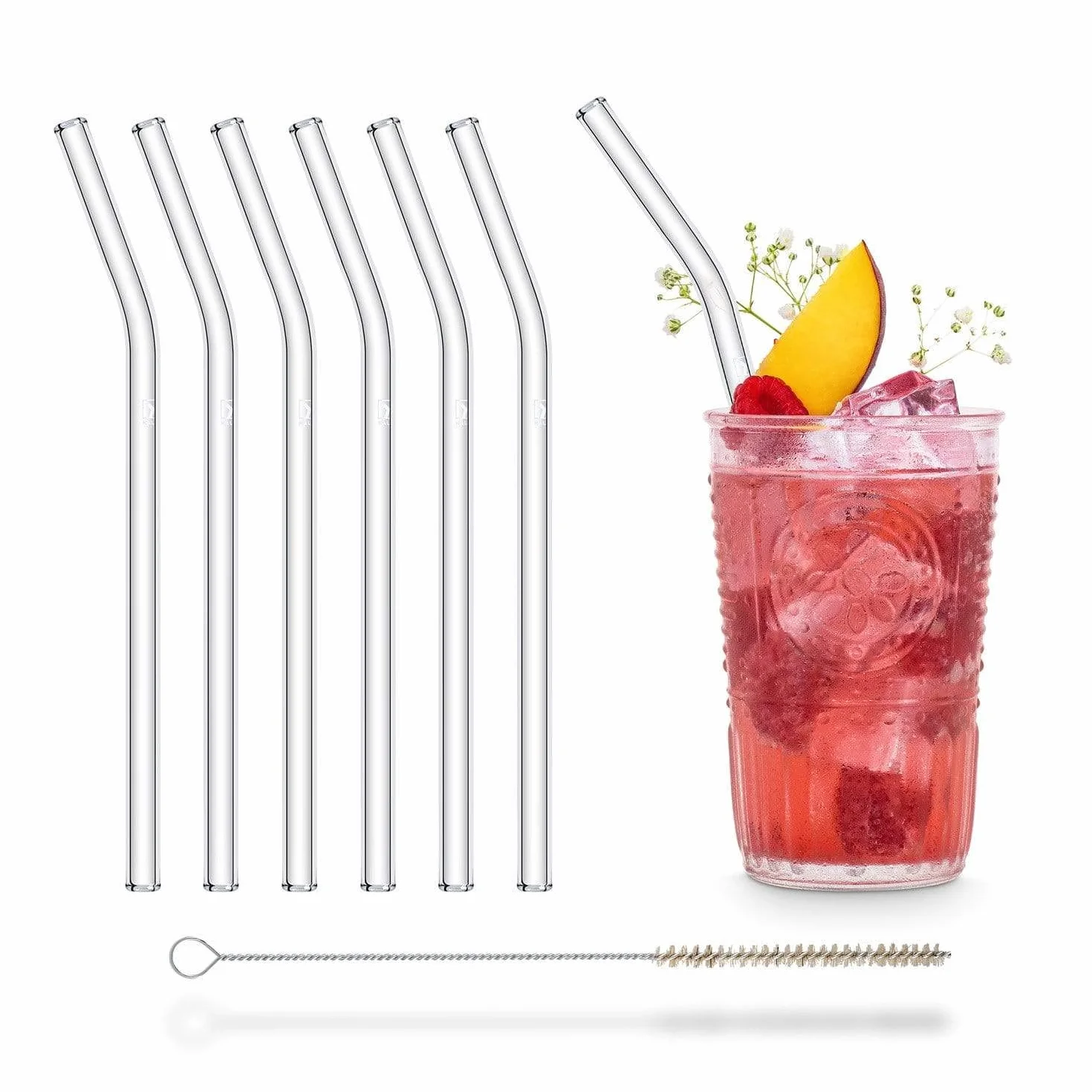 HALM Pajitas curvadas de cristal reutilizables - 6 x 20 cm + cepillo de limpieza ecológico - Apto para lavavajillas - Sostenible - Pajitas de vidrio para batido, cóctel, smoothie