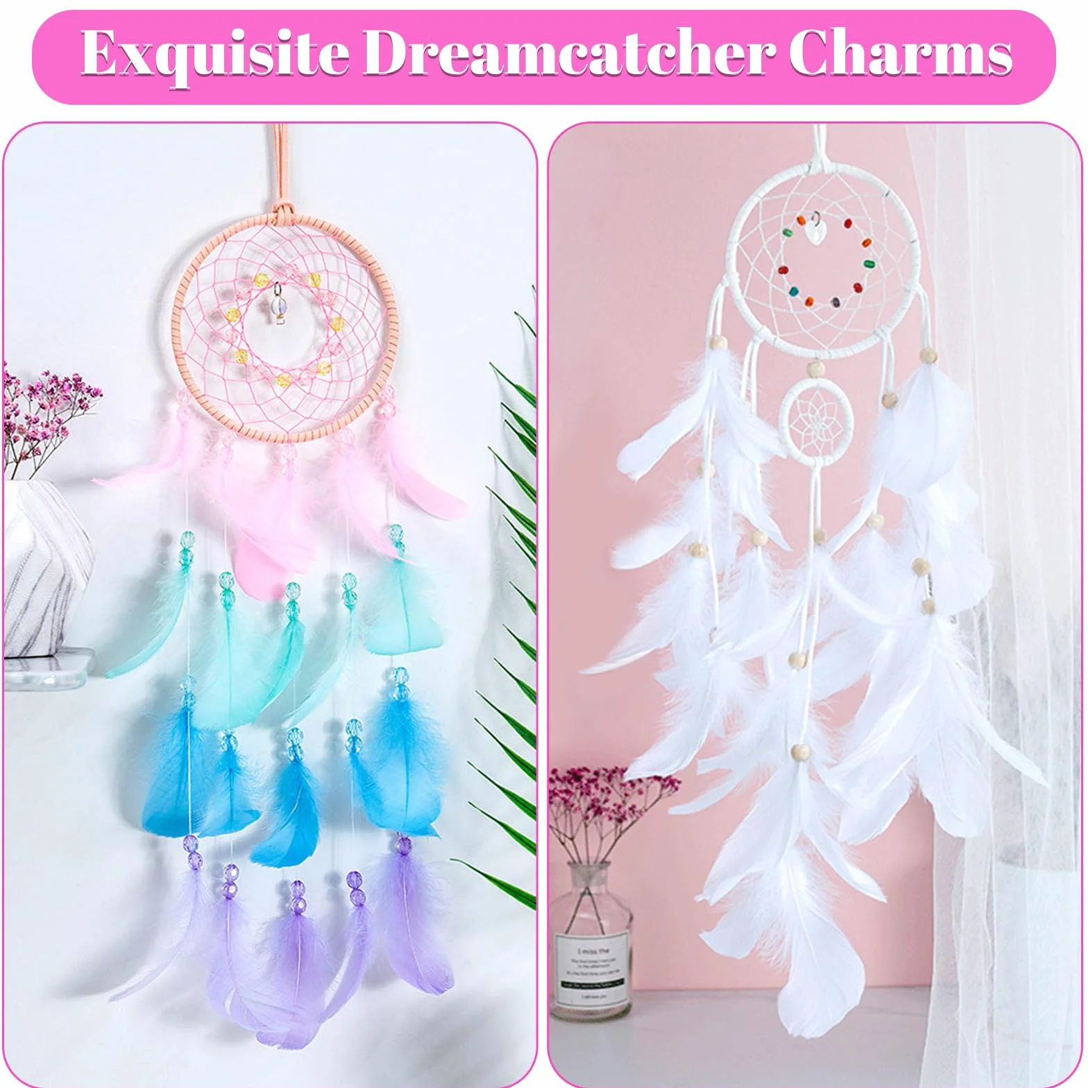 2 Piezas Atrapasueños para Niños, Dreamcatcher con Plumas Blanco y Rosa, Atrapasueños Bohemio Hecho a Mano, Atrapasueños para Colgar en la Pared, Decoración del Hogar