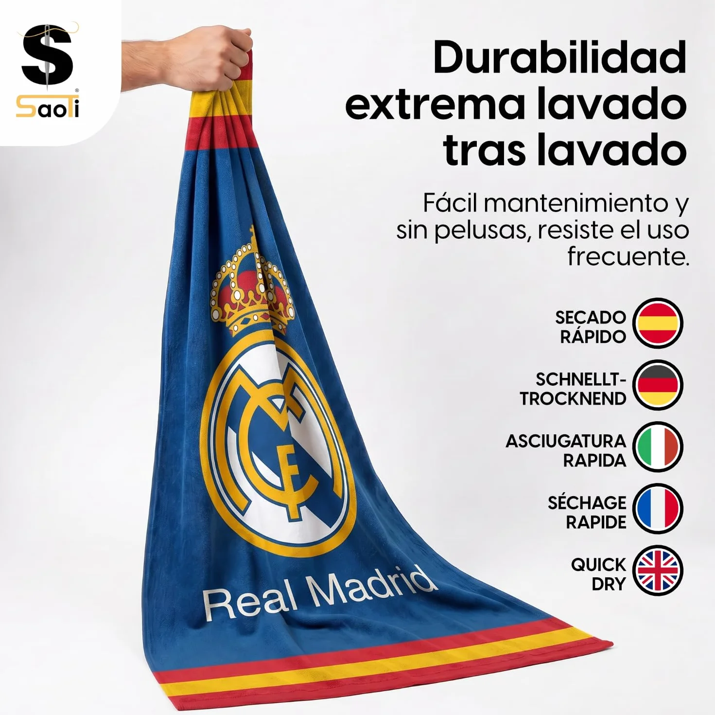SaoTi Toalla Baño Grande Microfibra 70x140 cm Secado Rápido - Toallas Ducha Ligeras Absorbentes Gimnasio - Toallas Playa Grandes Diseño Fútbol Equipo Merengue Adulto