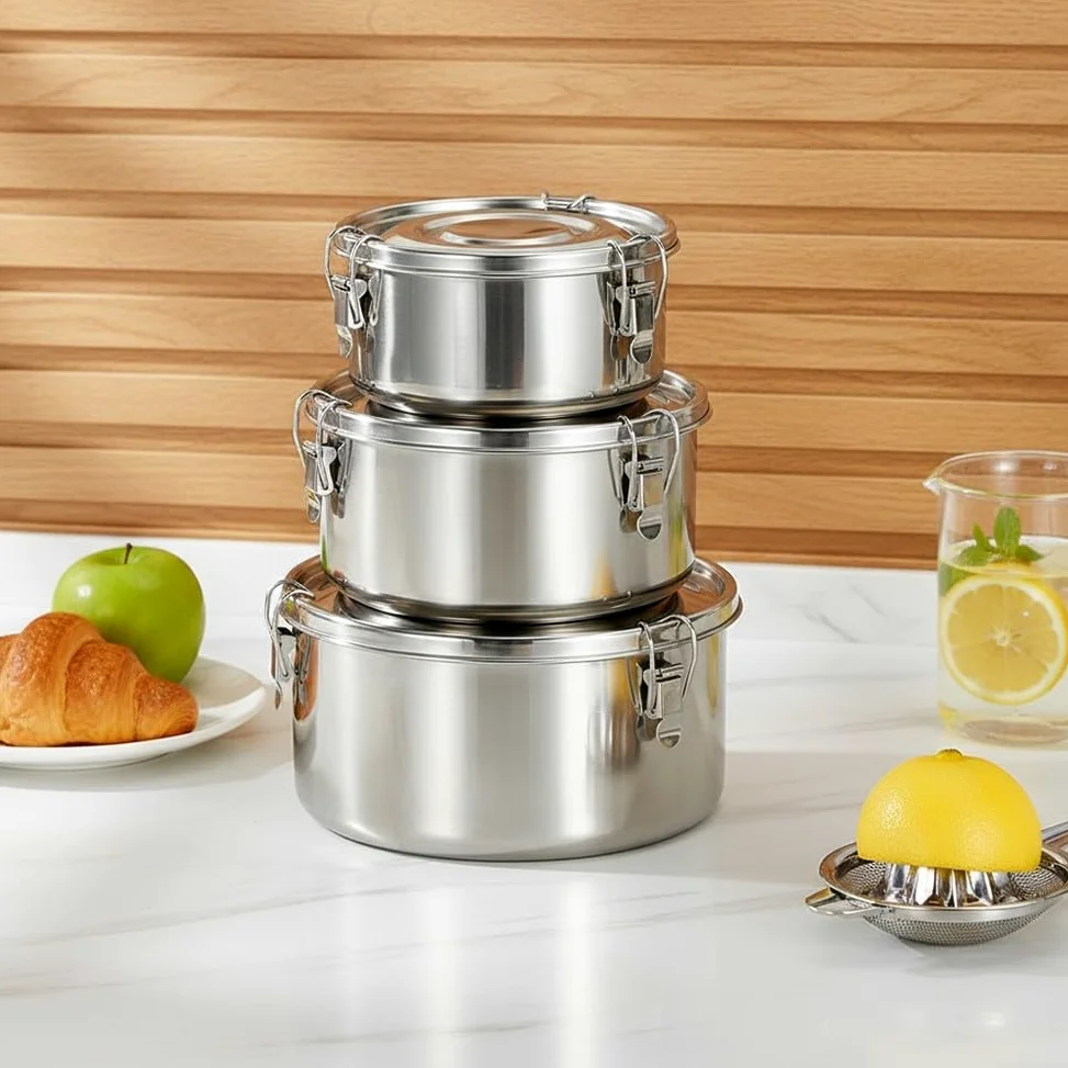 Cuenco de arroz de acero inoxidable 304 con tapa y hebilla, olla de vapor hermética para congelar alimentos, utensilios de cocina de larga duración, 1 pieza (juego de seis piezas)