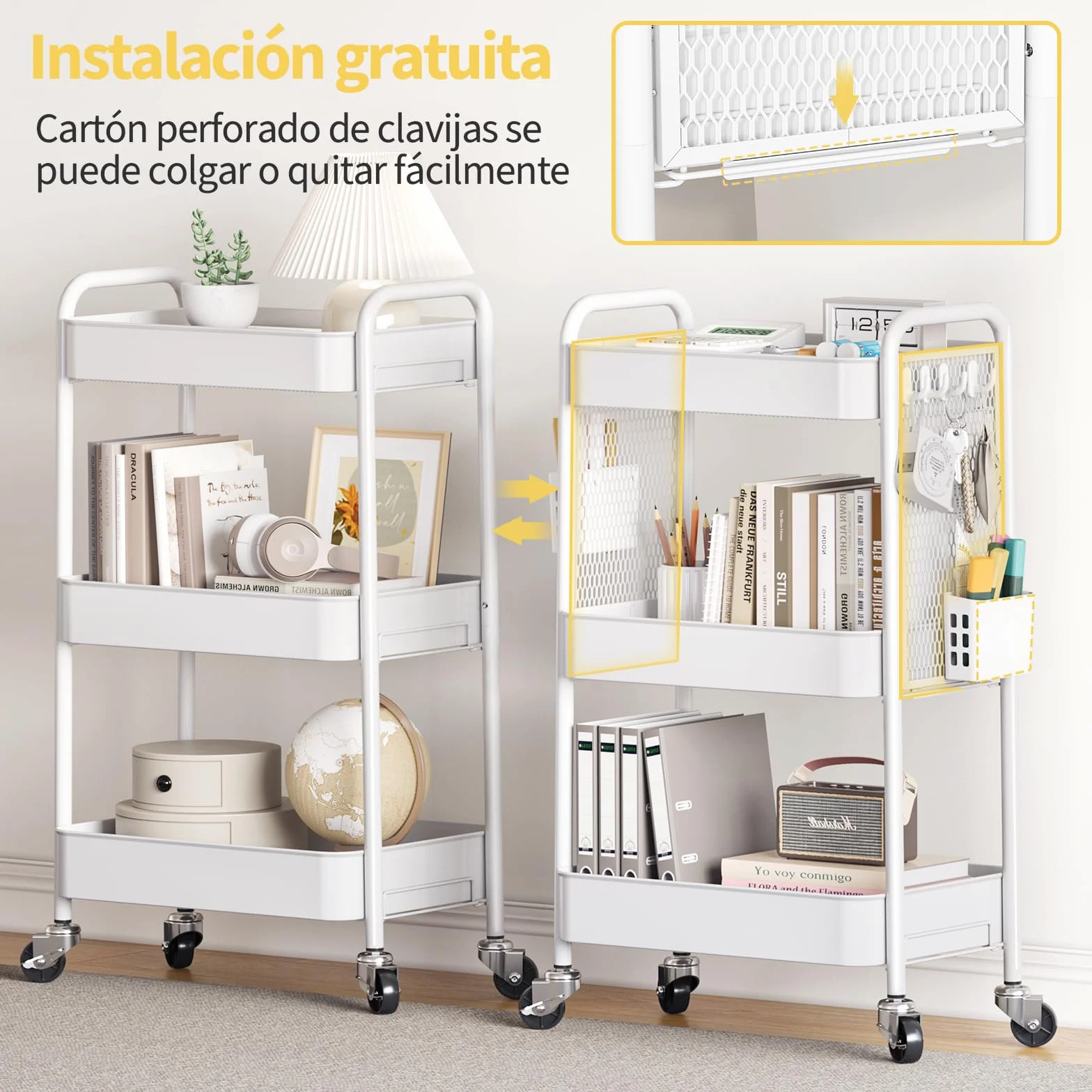 Urackify Carrito de Almacenamiento utilitario para diversas Aplicaciones – Carrito rodante de Metal de 3 Niveles con tableros de Clavijas, cestas y Ganchos para Almacenamiento Adicional en Cocina,