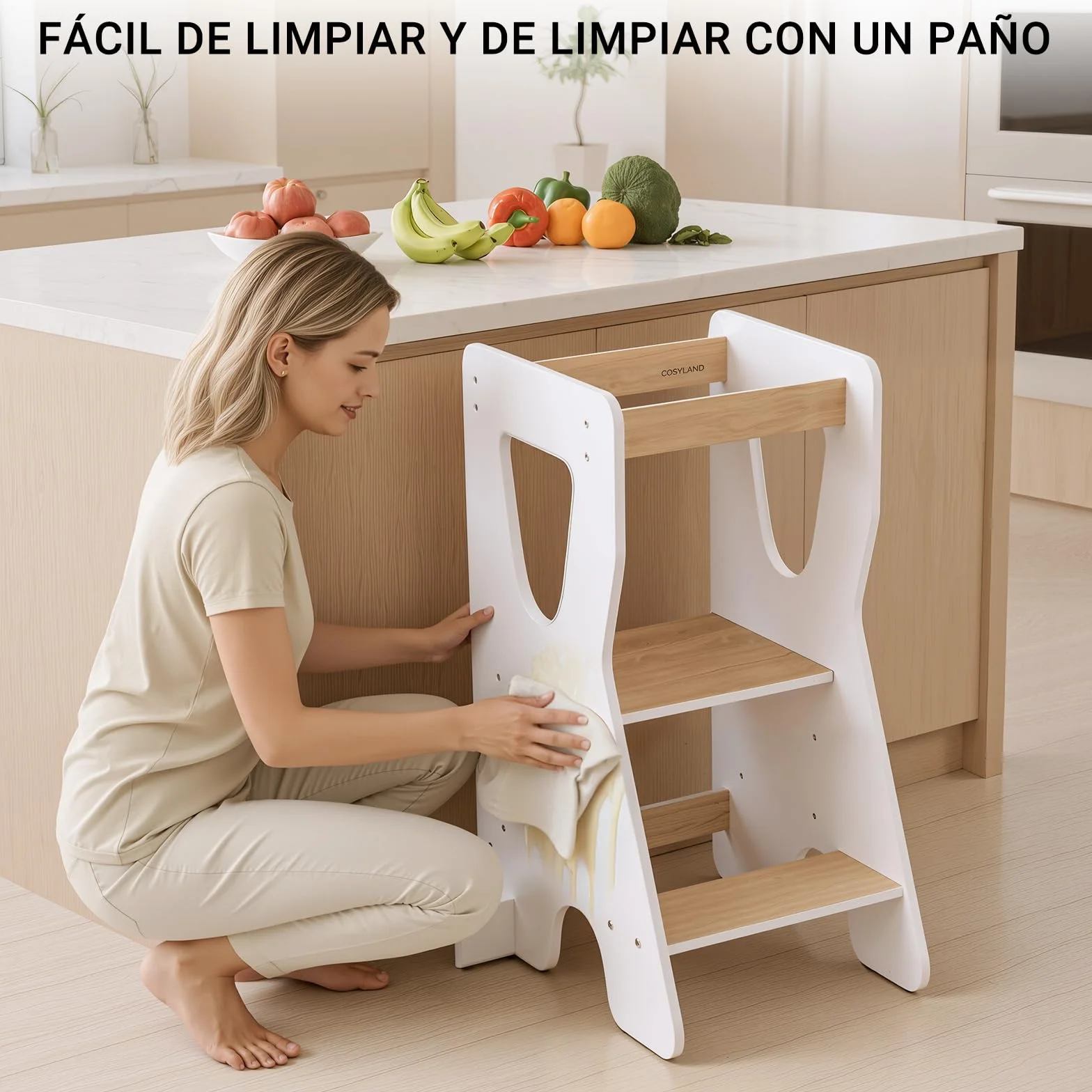 COSYLAND Torre de Aprendizaje Montessori Madera Altura Ajustable 3 Niveles Barandillas Seguridad Natural Blanco