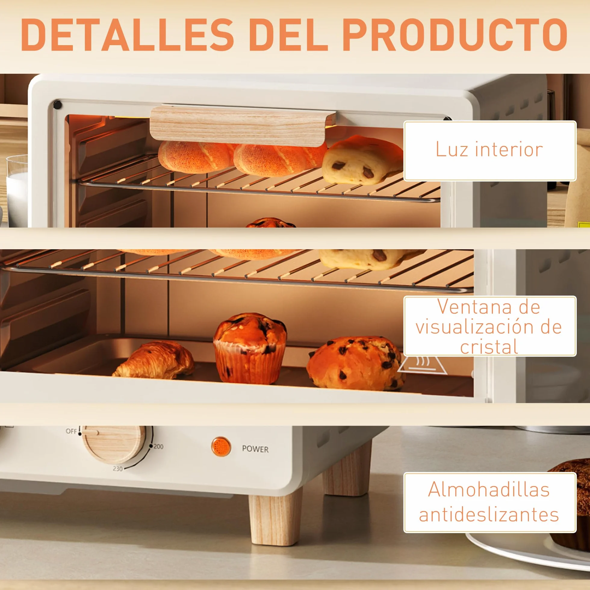 HOMCOM Horno Eléctrico de Sobremesa 16L 1400W con Puerta de Vidrio Temporizador y Temperatura Ajustables hasta 230℃ Crema