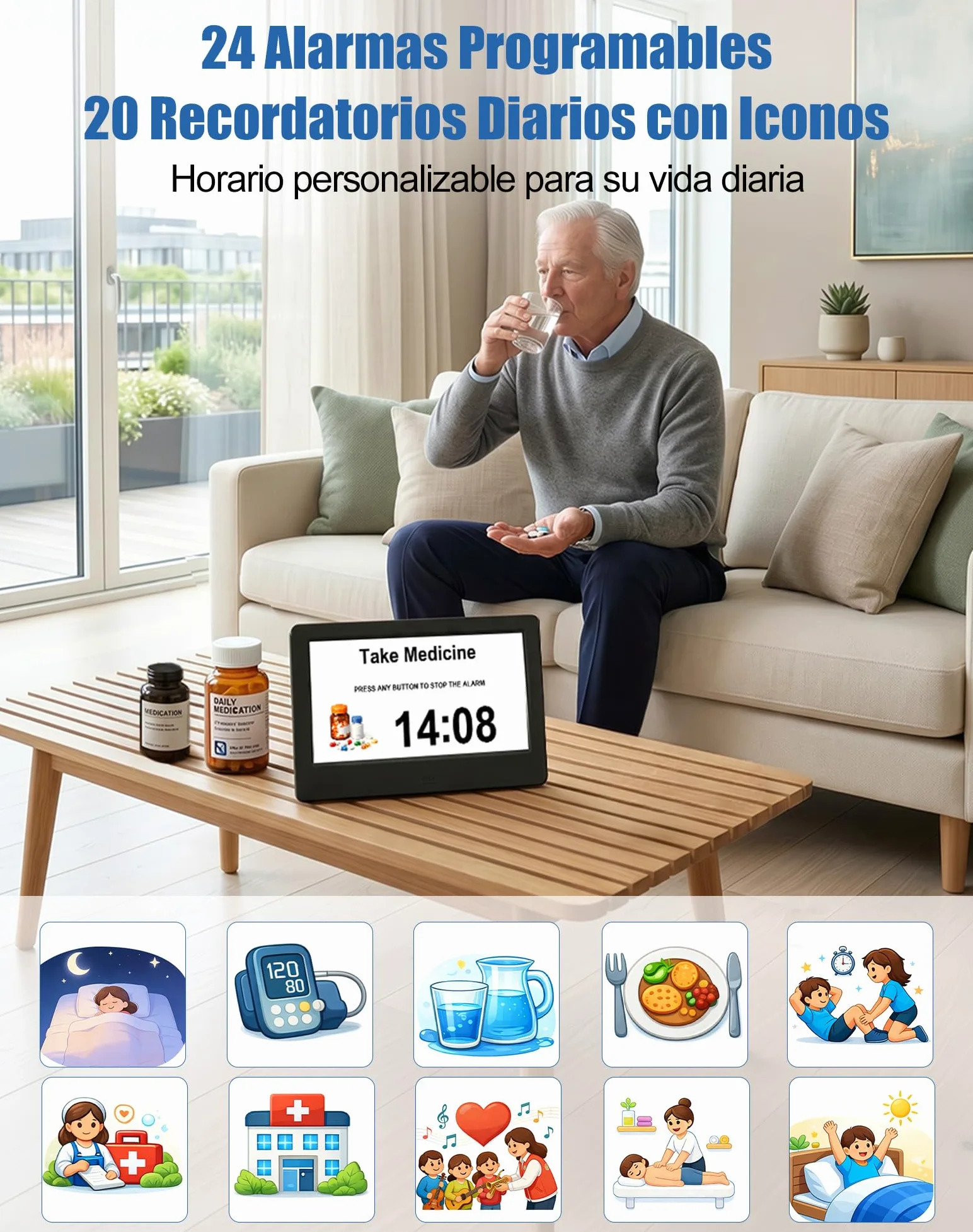 jely Reloj Digital para Personas Mayores 7'' Calendario Digital para Alzheimer y Pérdida de Memoria, 20 Recordatorios, 24 Alarmas, Marco de Fotos Digital, Control Remoto, Reloj de Pared y Mesa - Negro