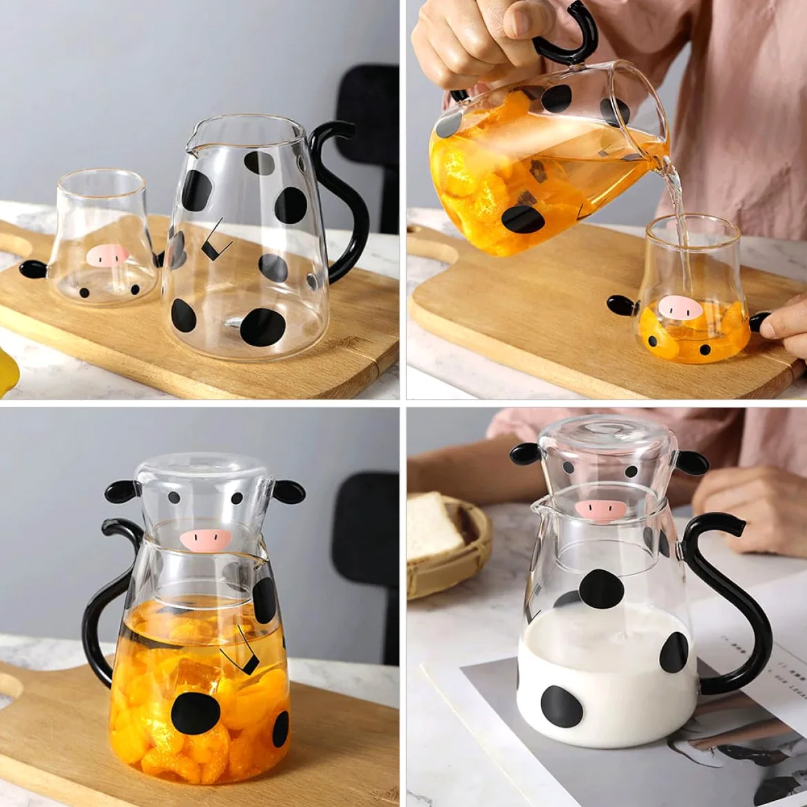 Jarra de Agua Fría de Vidrio Diseño de Vaca 1800 Ml Taza a Juego para Hogar y Restaurante Dispensador de Agua Fría y Jarra de Leche Forma de Cristal para Jugos y Té