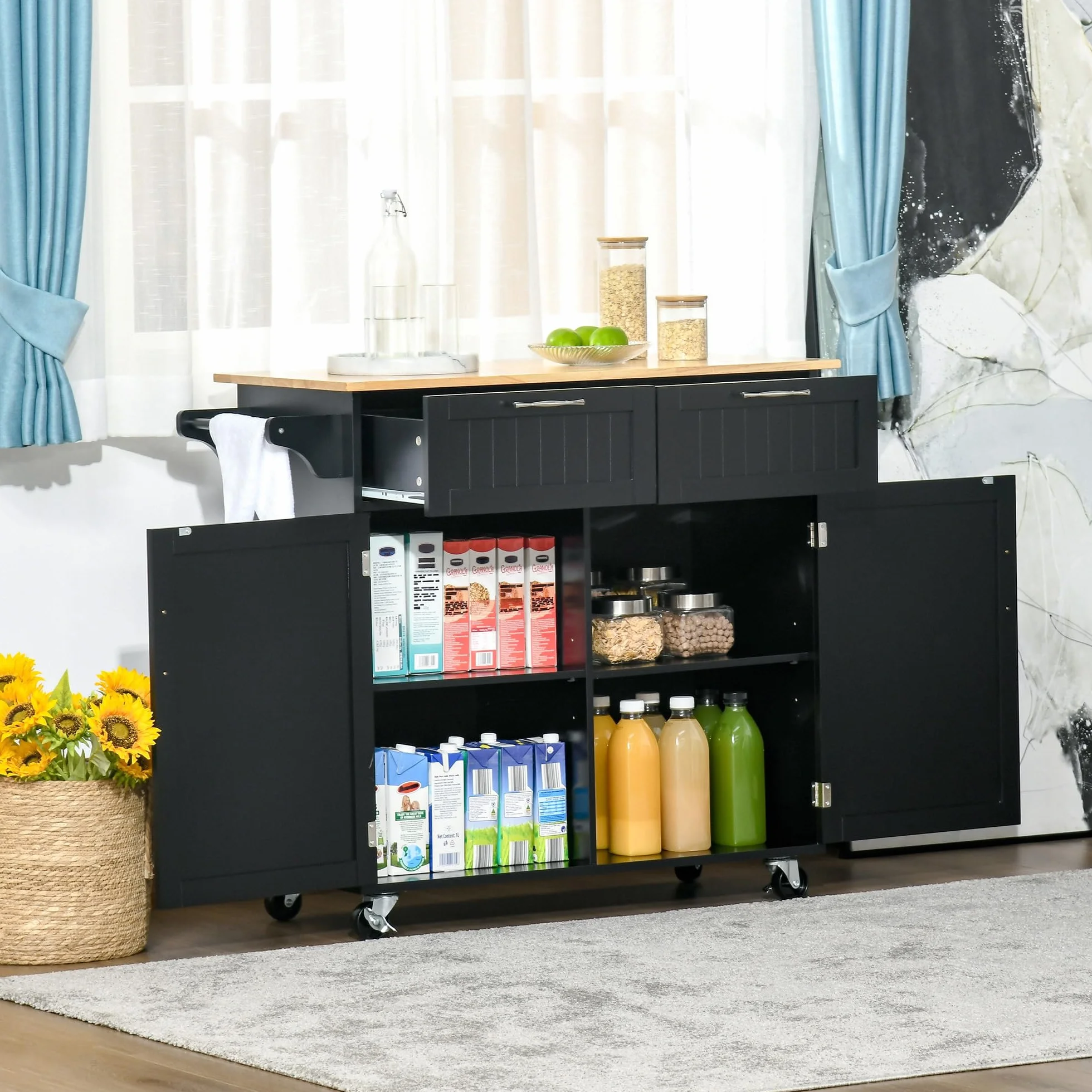 HOMCOM Isla de Cocina con Ruedas Carrito de Cocina Mueble Auxiliar de Cocina con 2 Puertas 2 Cajón Toallero y Estante Ajustable para Comedor Salón 104x46x91 cm Negro