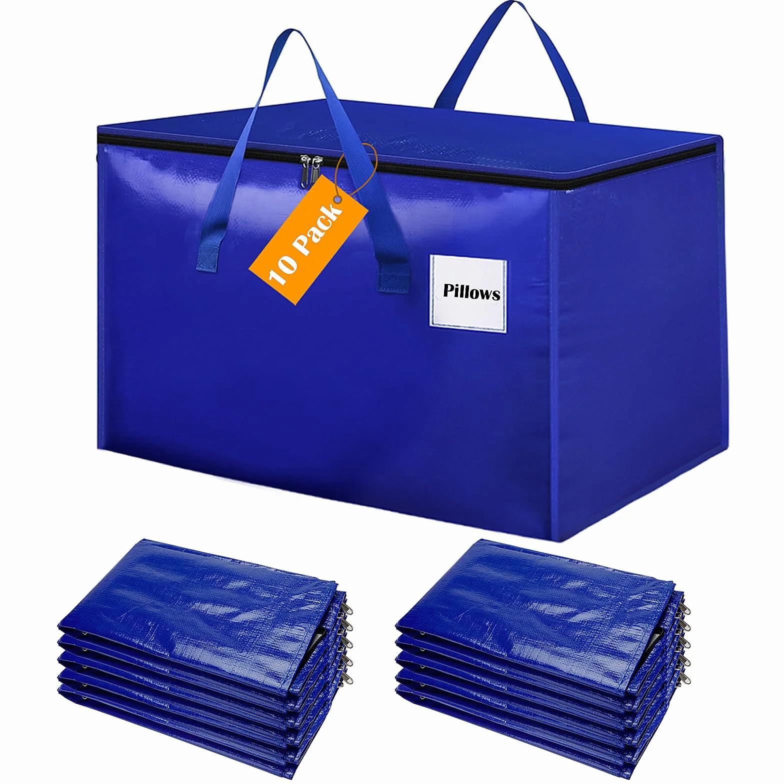 Withosent 100L Grande Bolsa de Almacenamiento, 10 Piezas Impermeable Bolsas de Mudanza con Cremallera y Asa, Bolsas para Guardar Ropa Edredones, Alternativa a las Cajas de Mudanza, Azul