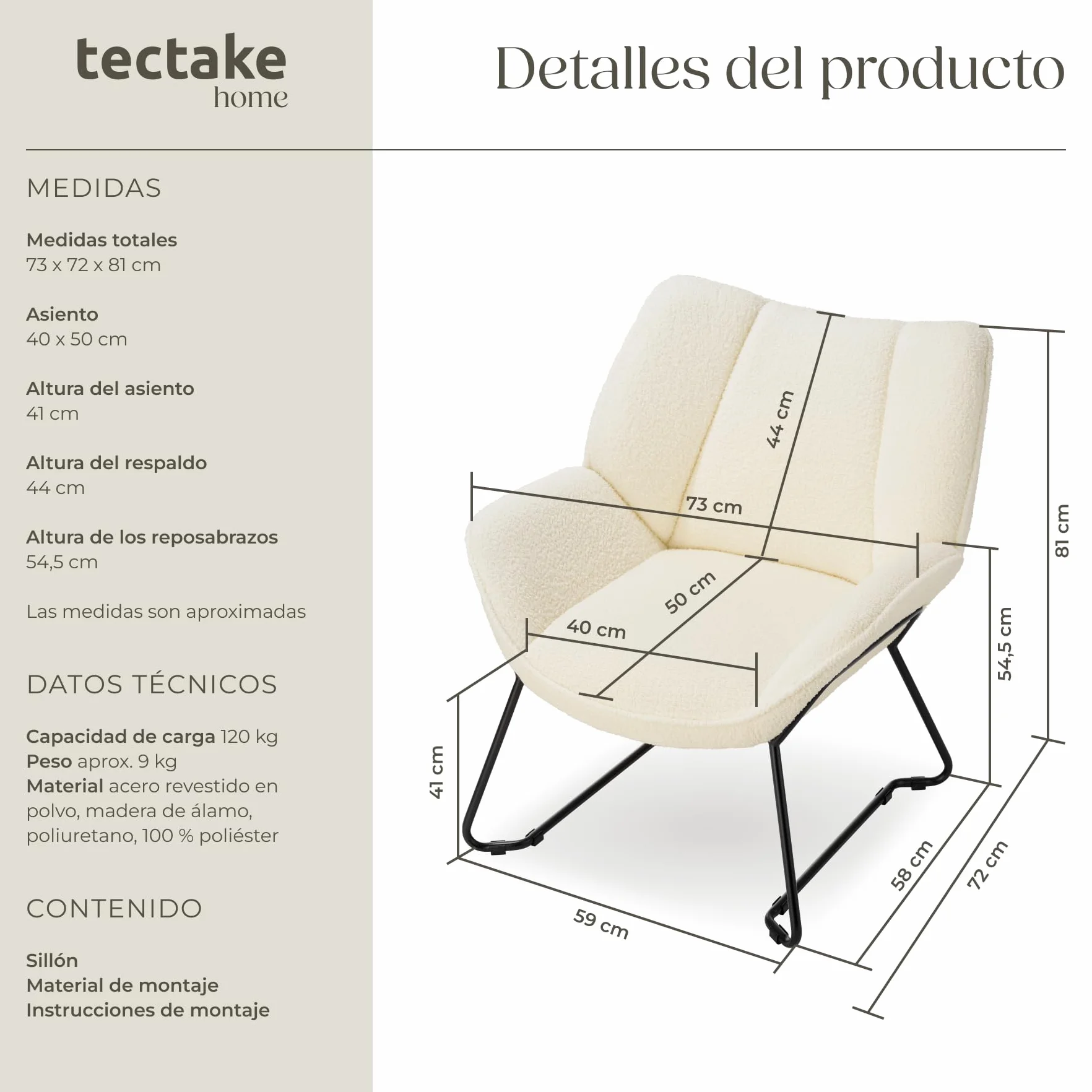 tectake® Sillón de Bouclé Acolchado y Reclinable, Butaca Escandinava con Reposabrazos y Respaldo, Tapizado de Espuma de Alta Densidad, Estructura de Acero con Protección Antideslizante - Crema/Blanco