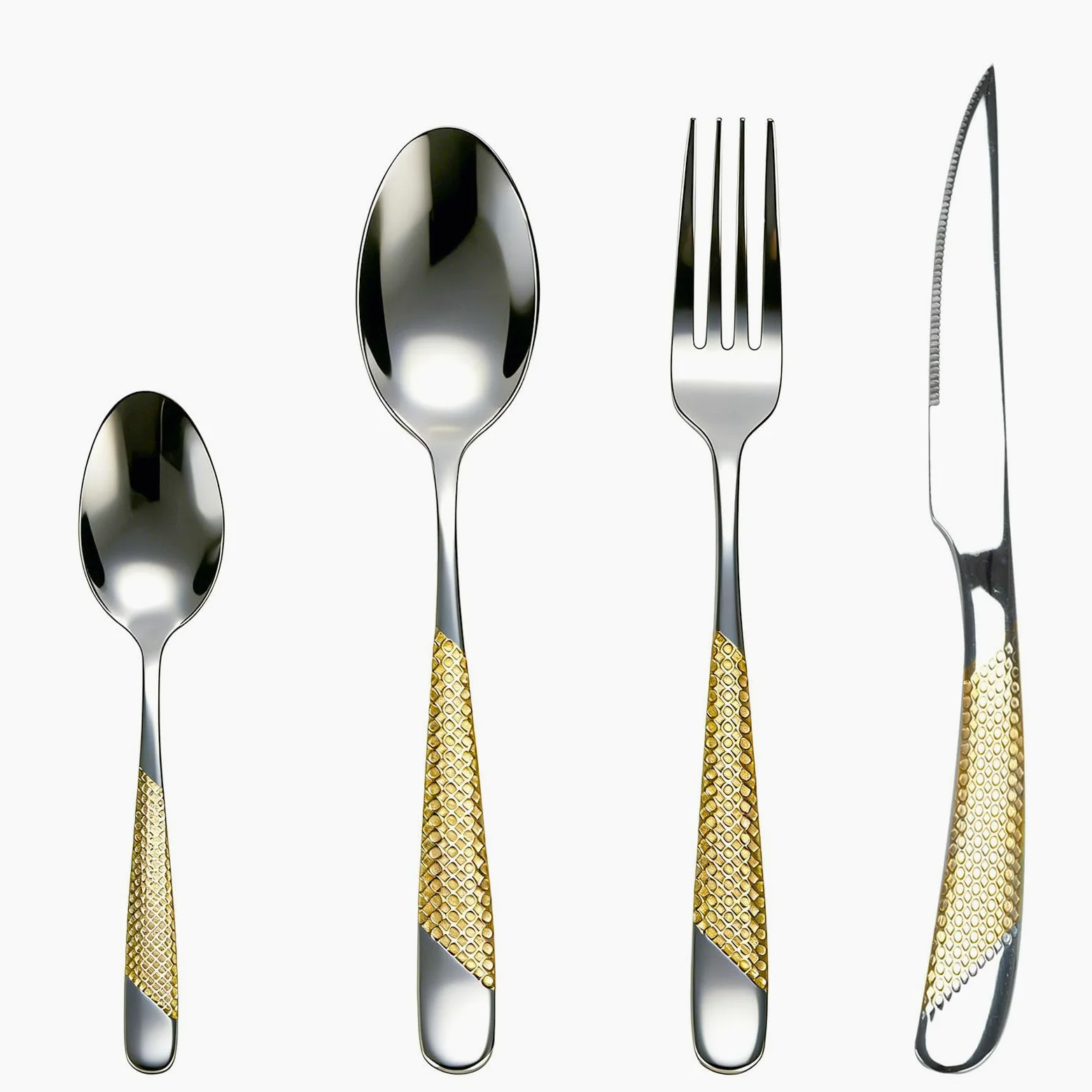 Juego de 24 cubiertos dorados – Cubertería de acero inoxidable para 6 personas con cuchillo, tenedor, cuchara, acabado espejo y apto para lavavajillas, diseño de lazo dorado