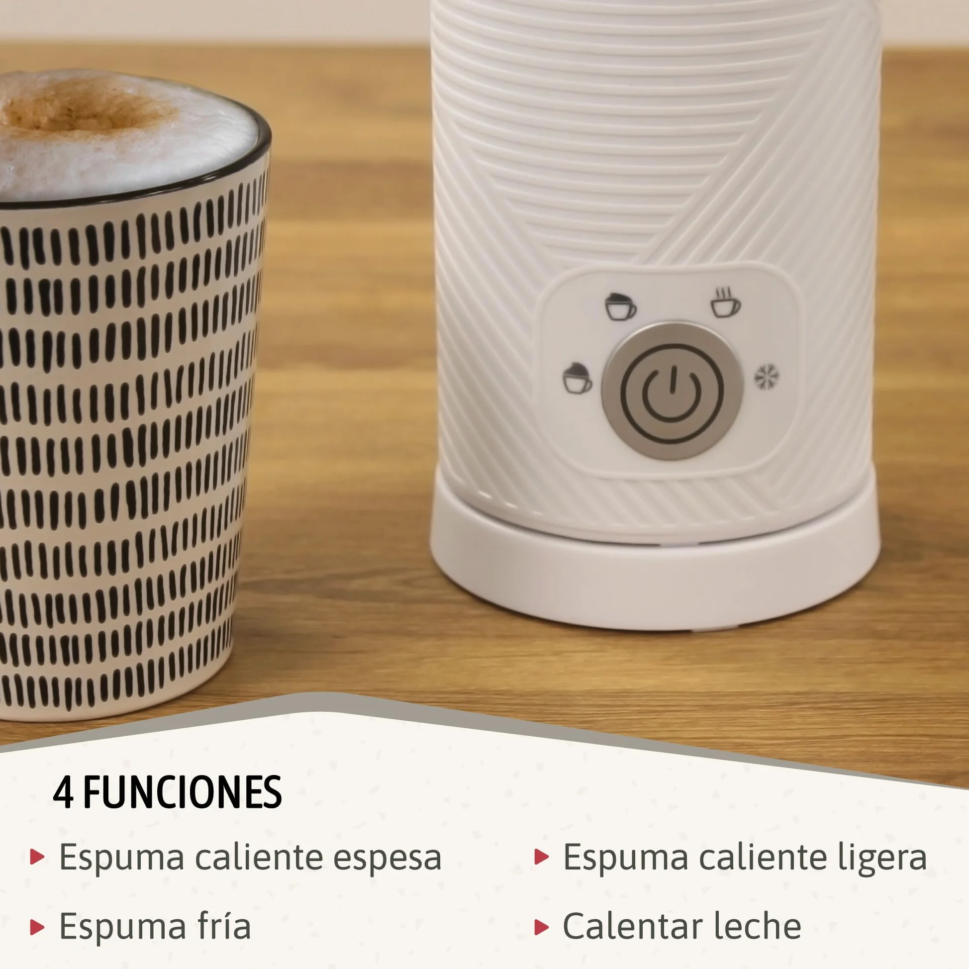 briebe Elegance Espumador de Leche Eléctrico Calentador 4 en 1, Espuma Fría/Caliente 130ml para Café Latte, Capuchino, Macchiato, Leche Caliente 300ml, Milk Frother, Libre BPA, 500W, Diseño Blanco