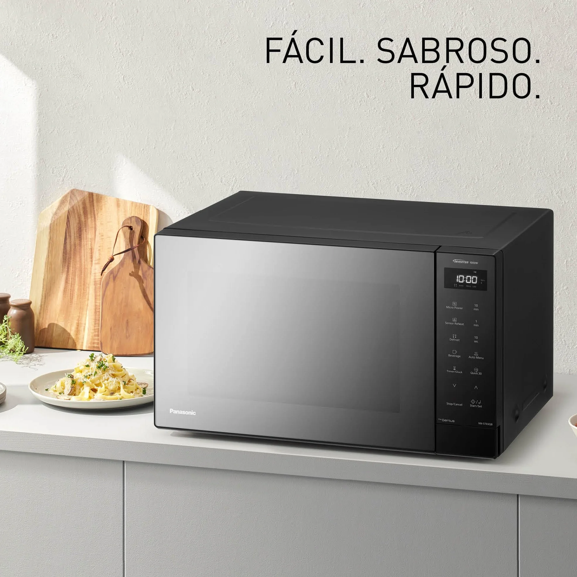Panasonic NN-ST65QBEPG Microondas Solo Inverter 32L, 1000 Vatios Potencia, Tecnología Genius Sensor, 20 Programas Auto, Función Quick 30, Control Táctil, Plato Giratorio Grande, Negro