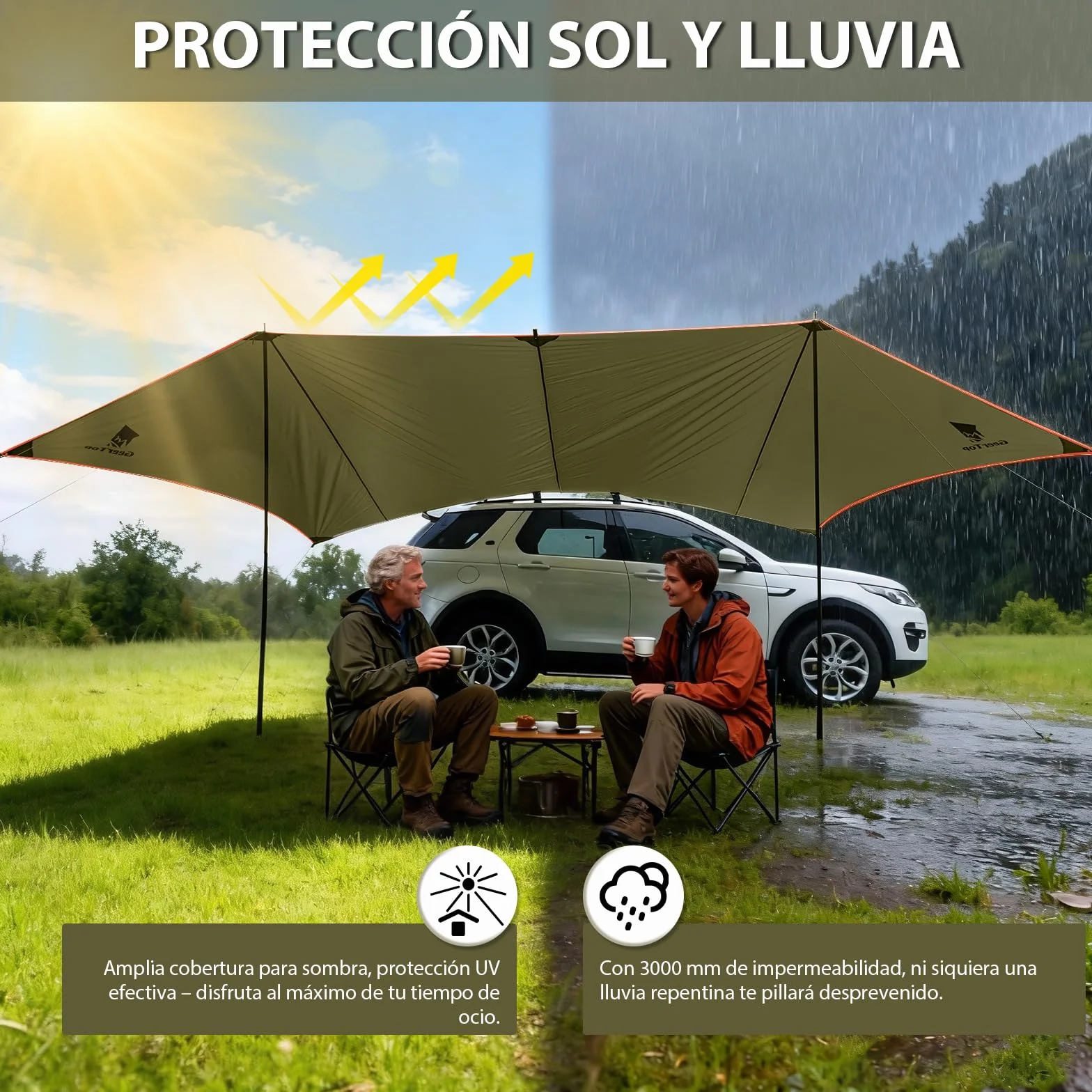 GEERTOP Toldo Lateral para Coche 3,5 x 5,8 m Impermeable 3000mm con 2 Mástiles Ajustables