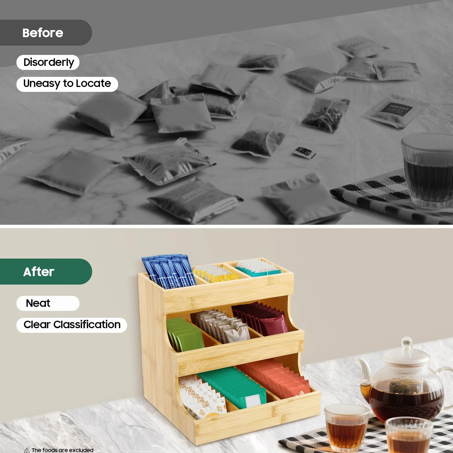 Organizador de bolsas de té de bambú con 9 compartimentos y 3 niveles (27 x 17,5 x 24 cm), capacidad de carga de 5 kg, para casa, oficina y cafetería, diseño sostenible