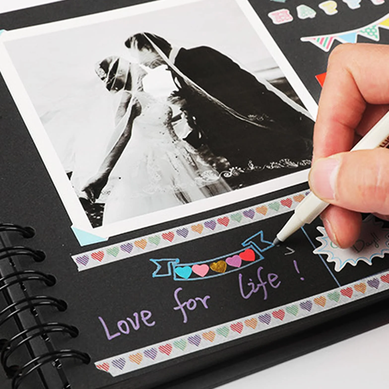HC Álbum de Fotos Scrapbook A5 Para Pegar Y Escribir, De 30 Páginas Negras Albumes De Recortes, de Bricolaje con Bolígrafo Brillante y Pegatinas, Regalo Para Bebés, Parejas, Amigos (AK-FO)