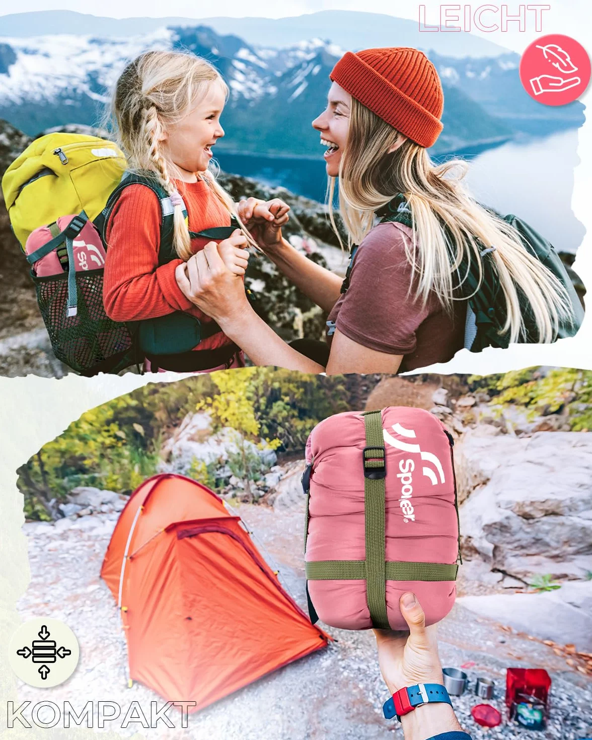 Sportneer Saco de Dormir Compacto Ligero para Clima Cálido 15℃~25℃ con Bolsa de Transporte para Camping y Senderismo