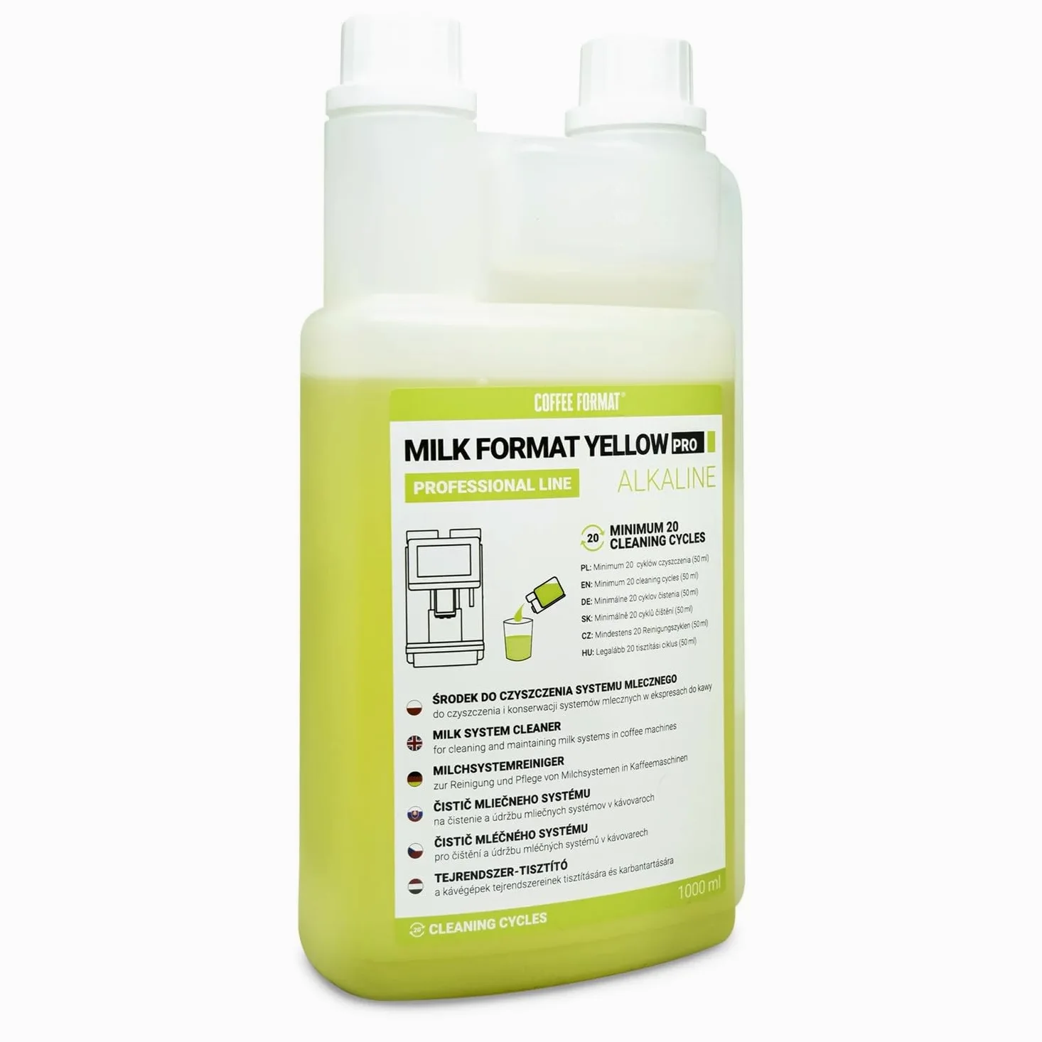 MILK FORMAT YELLOW PRO: Líquido Alcalino para la Limpieza del Sistema de Leche, 2 x 1 L de Concentrado para el Espumador de Leche, Botella con Medidor, Elimina los Residuos Proteicos