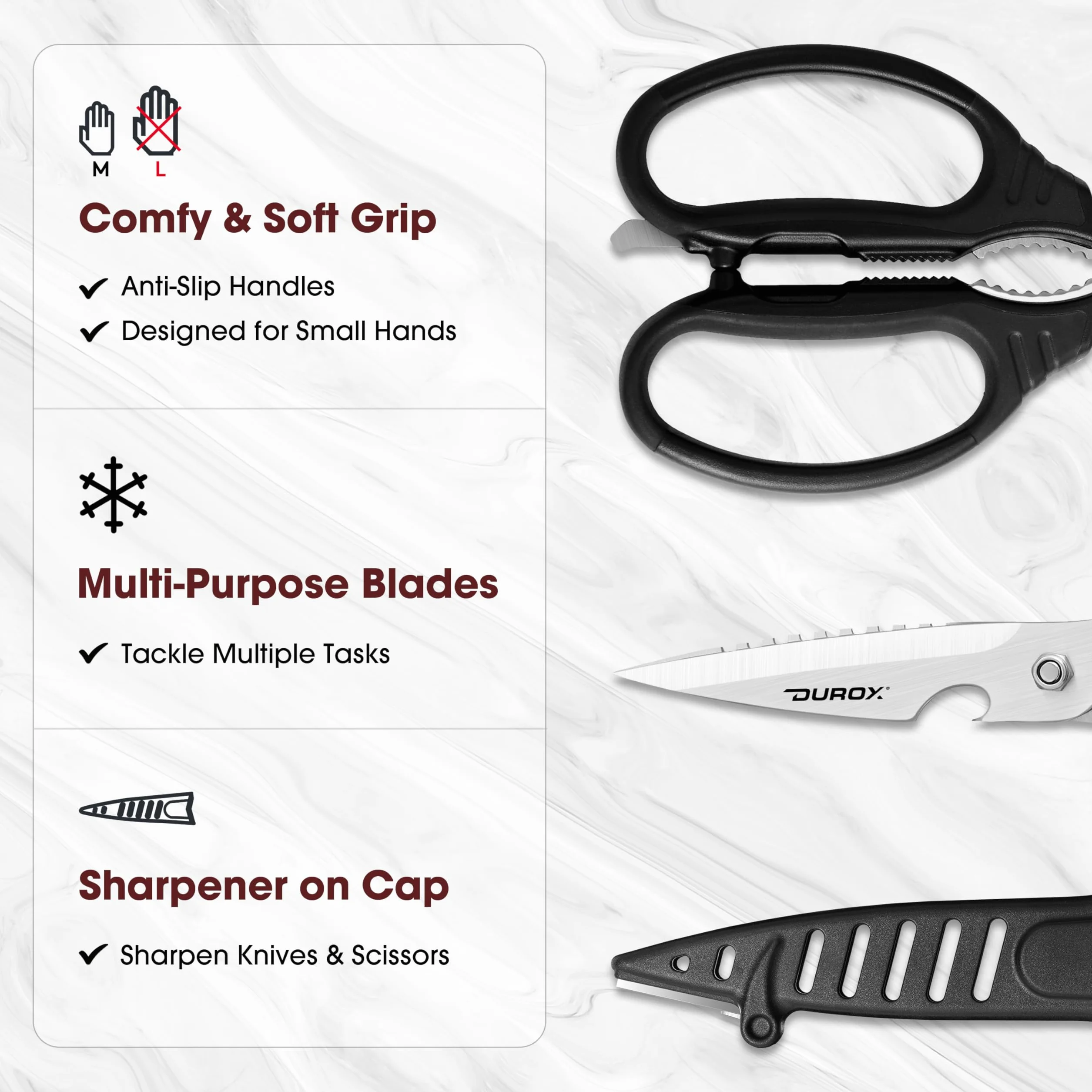 DUROX Tijeras de Cocina Profesionales - Acero INOX con Funciones Multipropósito y Afilador Incorporado. Tijera para Cortar Pizza, Carne y Marisco. Diseño Desmontable para una Limpieza Sencilla.
