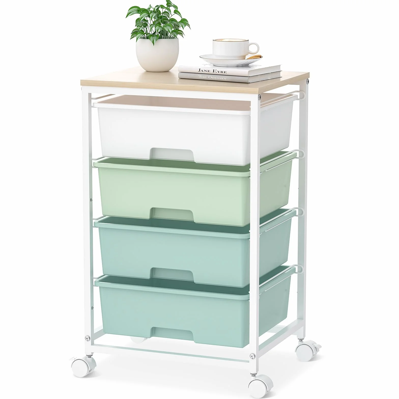 SYKIARIOL Carro con ruedas de 4 cajones, carrito de almacenamiento multiusos con ruedas con tablero de madera, carrito con ruedas para cocina, salón, dormitorio, fácil movimiento, gran capacidad,verde