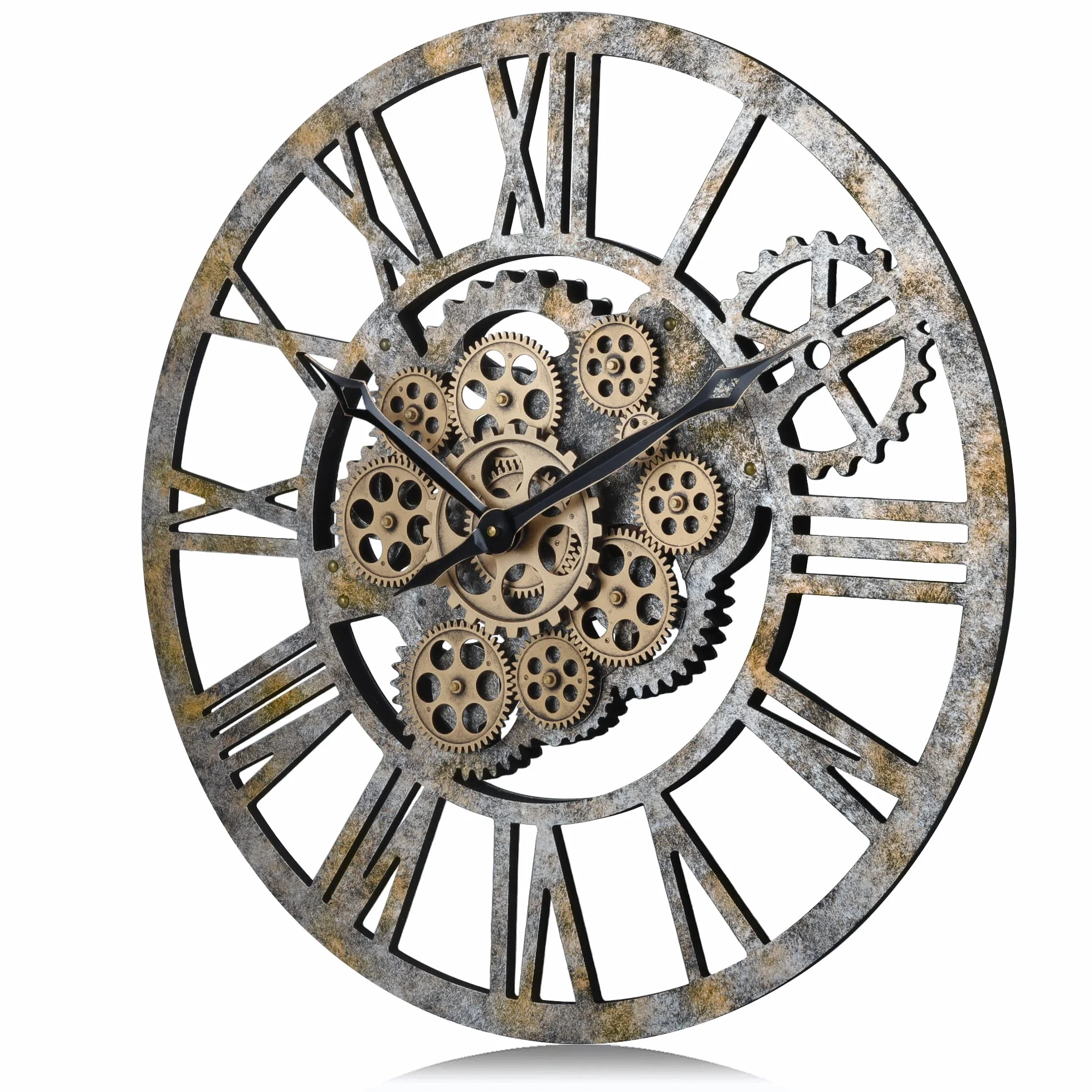 Lafocuse Reloj de Pared Grande Salon Engranajes Giratorios, Vintage Madera Marrón 57 cm Industrial Steampunk, Rustico Números Romanos Retro para Bar Cafetería Cocina