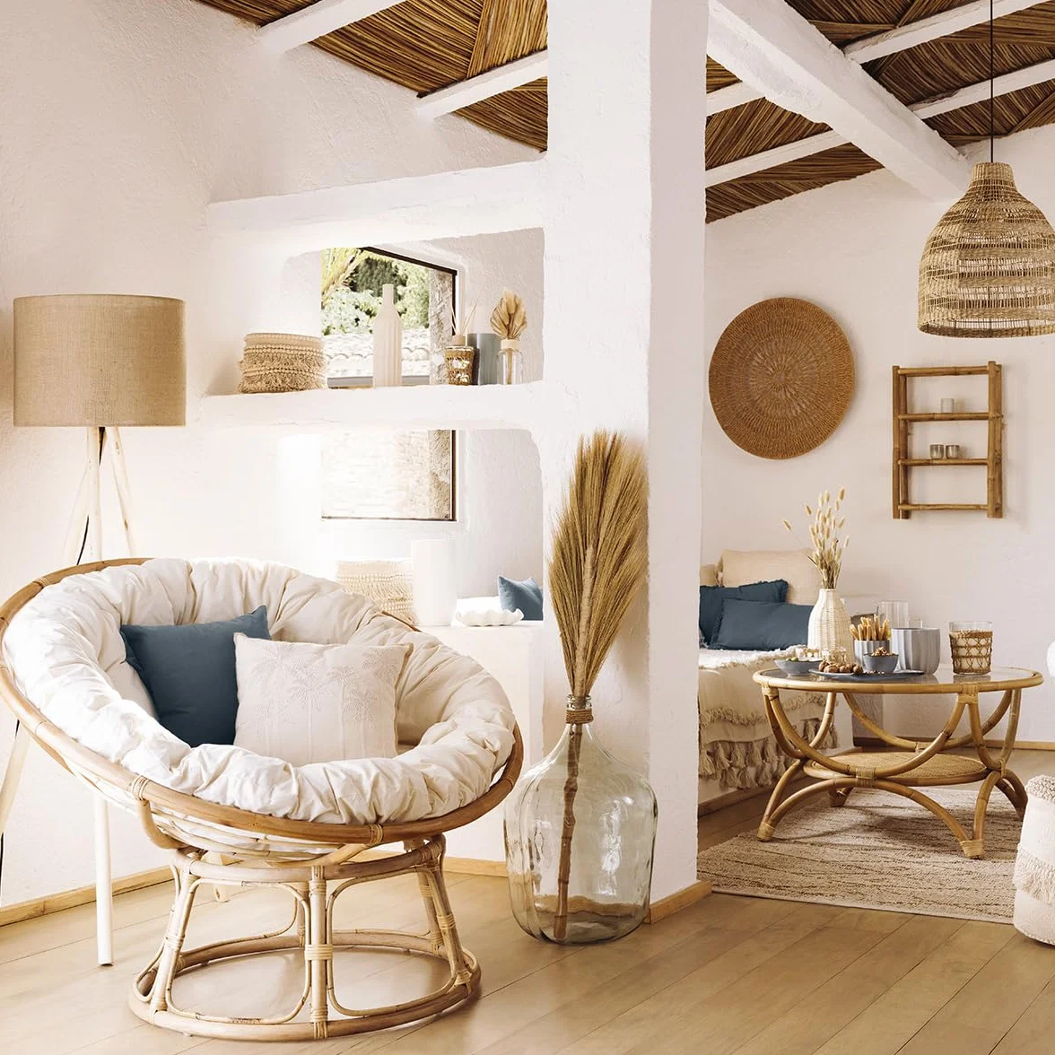 Atmosphera Interior Designer - Sillón de ratán Seram - Cómoda Silla Papasan con cojín - Interior y Exterior - Muebles de jardín, terraza, balcón, Sala de Estar