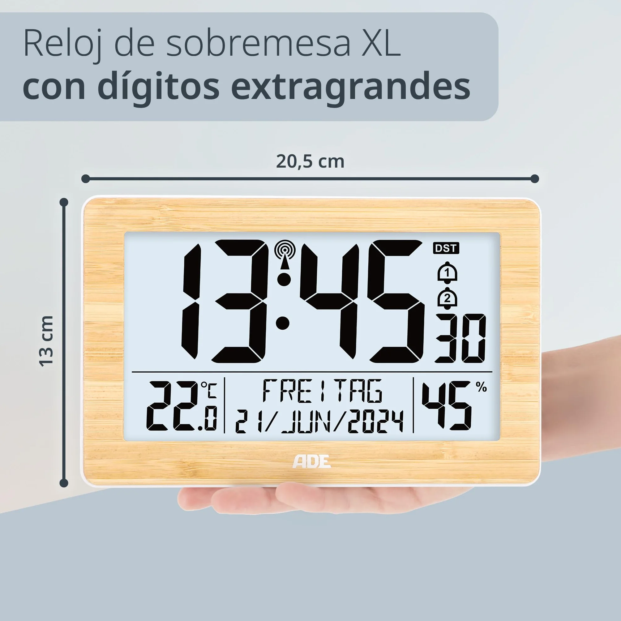 ADE Reloj Digital XL Radio-controlado con dígitos Muy Grandes | Reloj de Mesa con 2 Horas de Alarma e iluminación | termómetro higrómetro | Marco Delgado Hecho de bambú Real