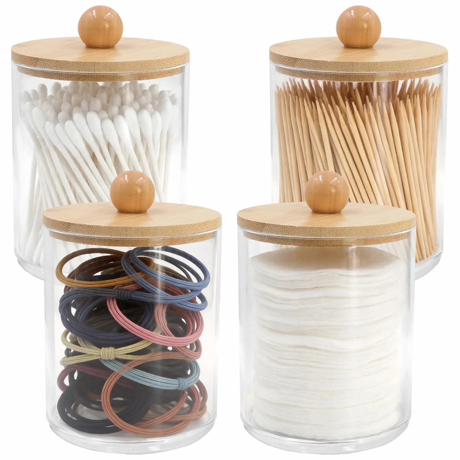 4 recipientes de algodón acrílico para guardar almohadillas de algodón con tapas de bambú Qtip, caja para huevos de belleza, hilo dental, tampón, caramelos, artículos de papelería, joyas