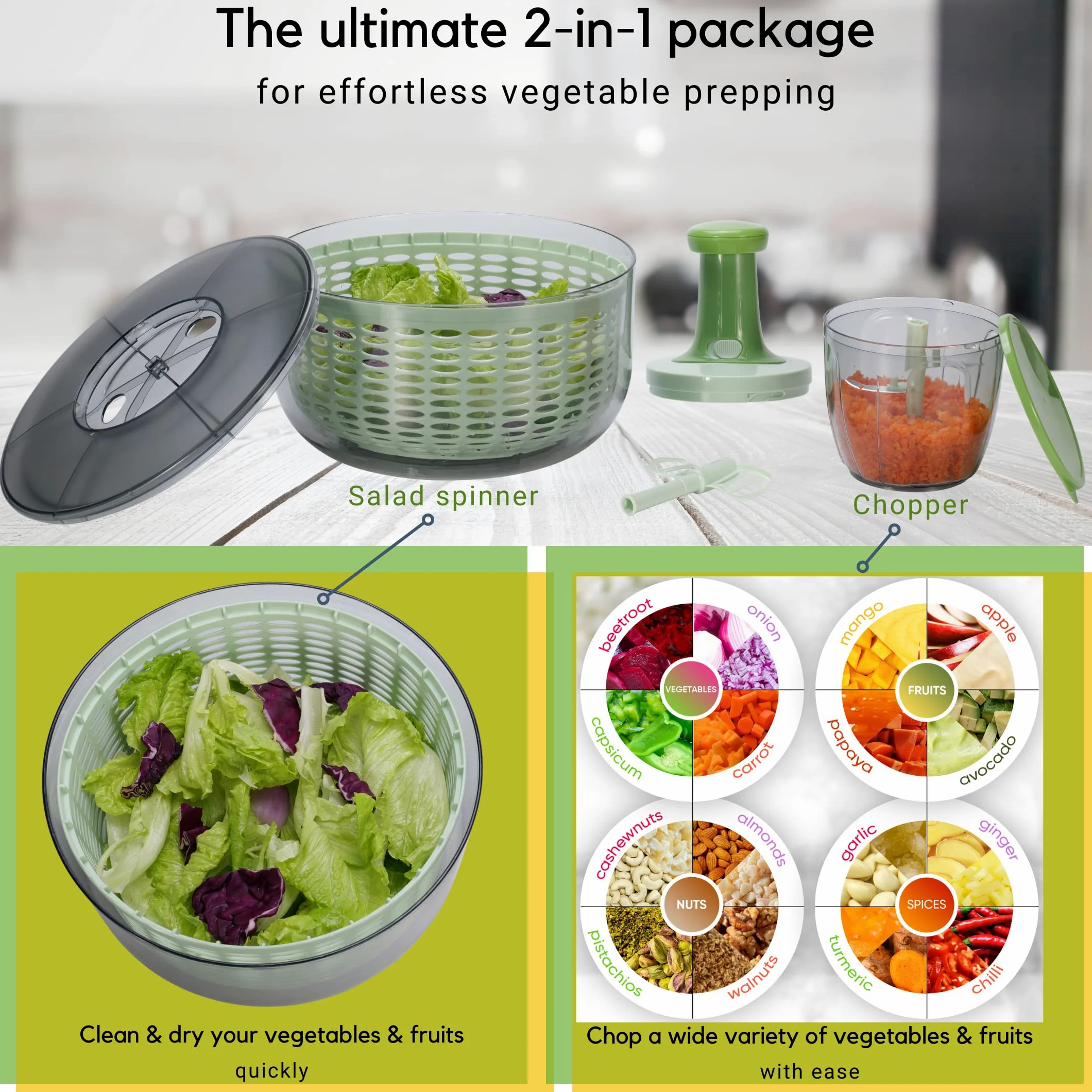 Brieftons Centrifugador y picador de ensalada: secadora grande de verduras de lechuga de 6 litros, con mezclador picador de verduras de 0,9 litros, almacenamiento compacto, fácil operación de empuje