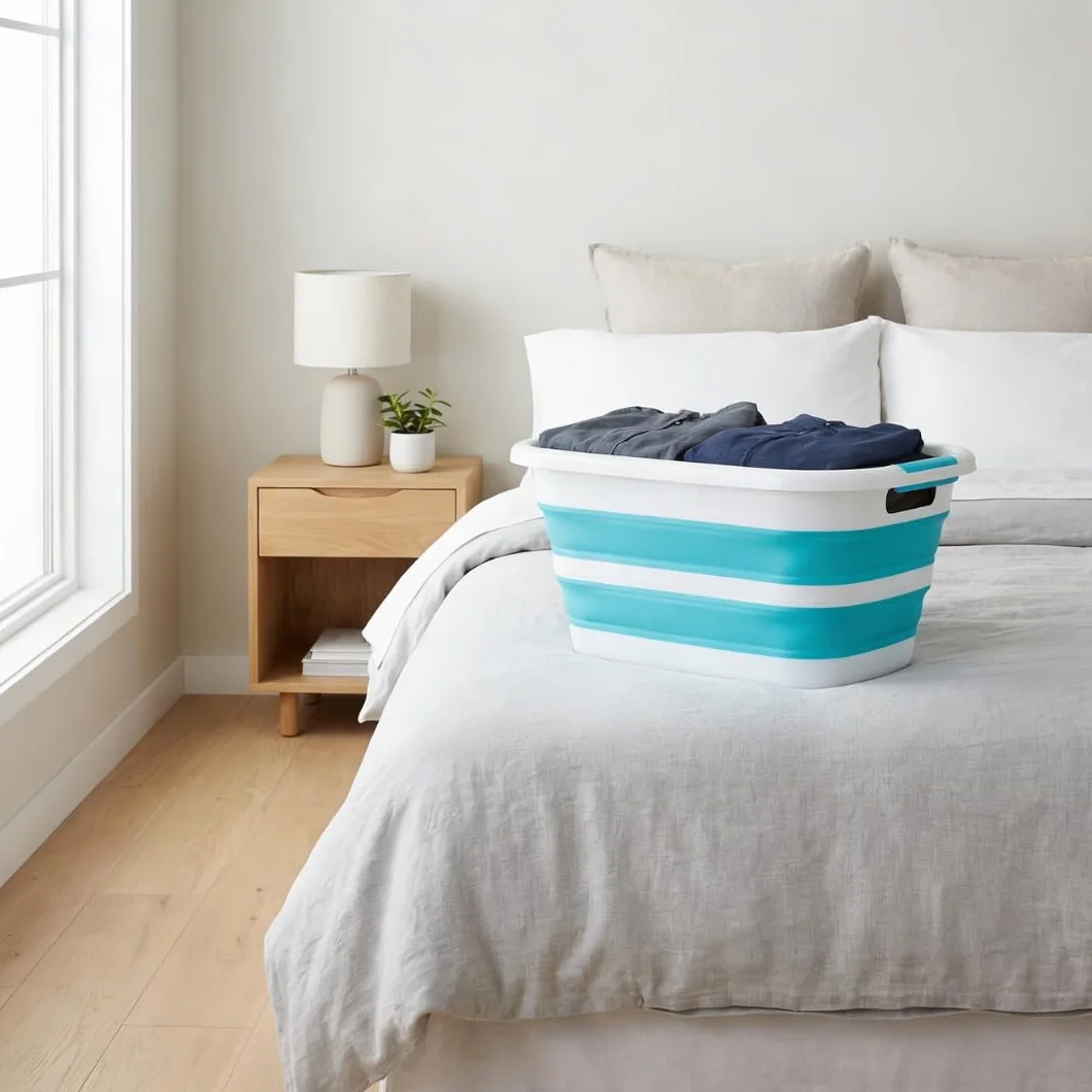 edihome Barreño Plegable 26 L – Cesto Ropa Colada de Plástico y Silicona con Asas, Cesta Multiusos Para Lavadora al Tendedero, Laundry Basket y Almacenaje Hogar (Turquesa, M)