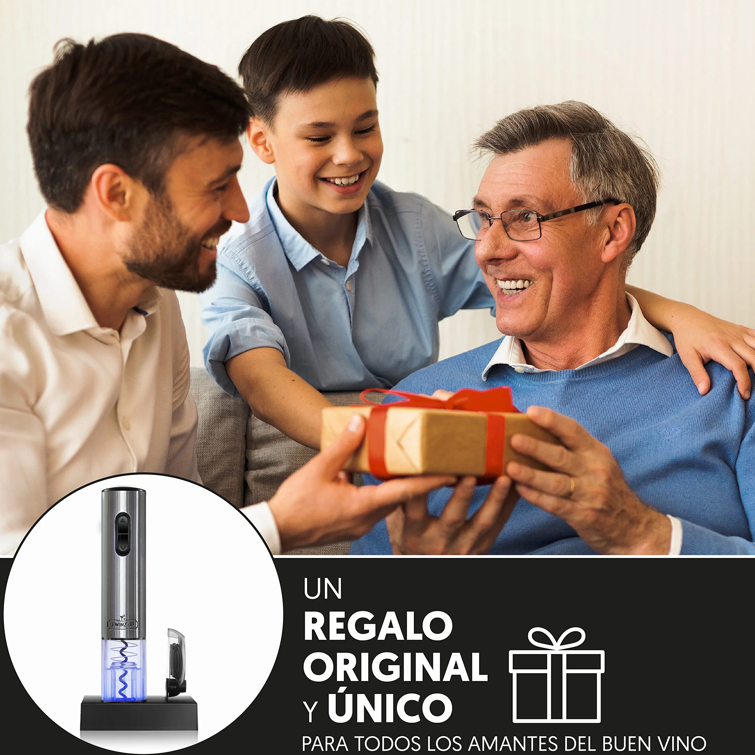Twinz'up Sacacorchos Eléctrico Inalámbrico - Profesional Abridor de Vino Electrico Recargable (Base de Recarga) con Corta Cápsulas - Caja de Regalo