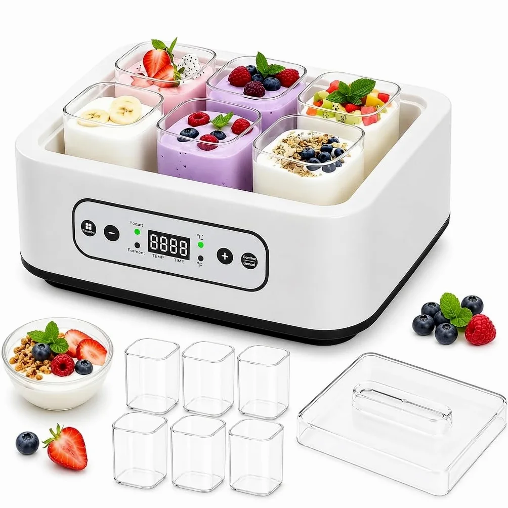 Yogurtera automática de 1000ML con 6 tarros, Control de Temperatura y Tiempo Ajustable de 36 Horas, fácil Limpieza, para Postre Griego casero