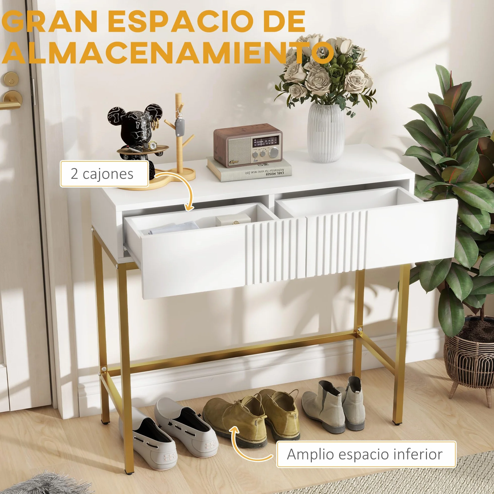 HOMCOM Mesa Consola Moderna Mesa de Entrada con 2 Cajones y Patas de Acero Dorada Antivuelco Mueble de Recibidor para Salón Pasillo 80x31,5x75 cm Blanco