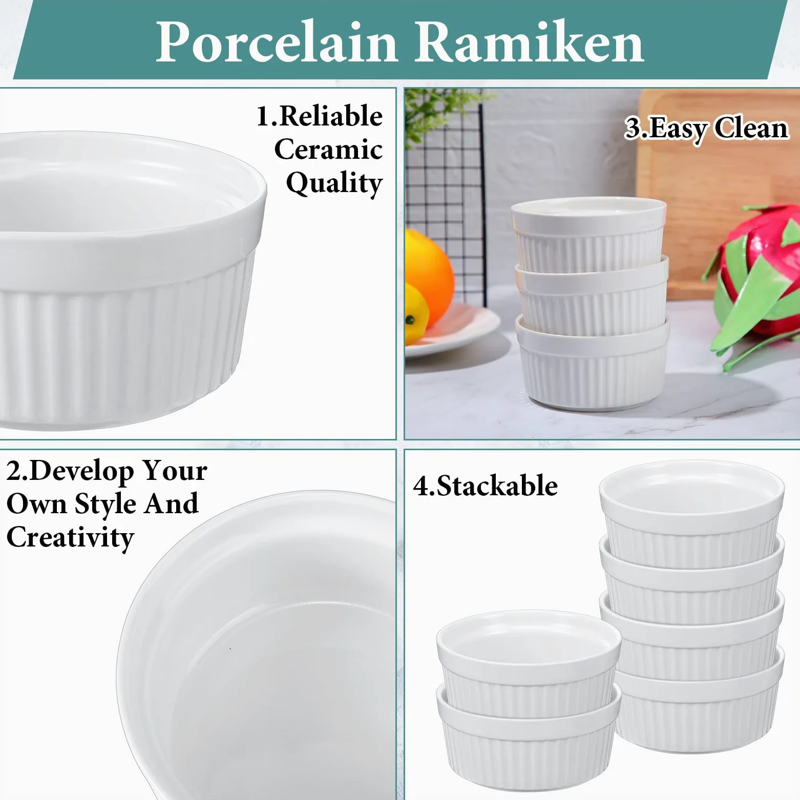 Juego de 24 ramequines de porcelana aptos para horno, ramequines clásicos para hornear, crema brulee, souffle, aperitivos, natillas, pudín, cuenco de inmersión, blanco (4 onzas)