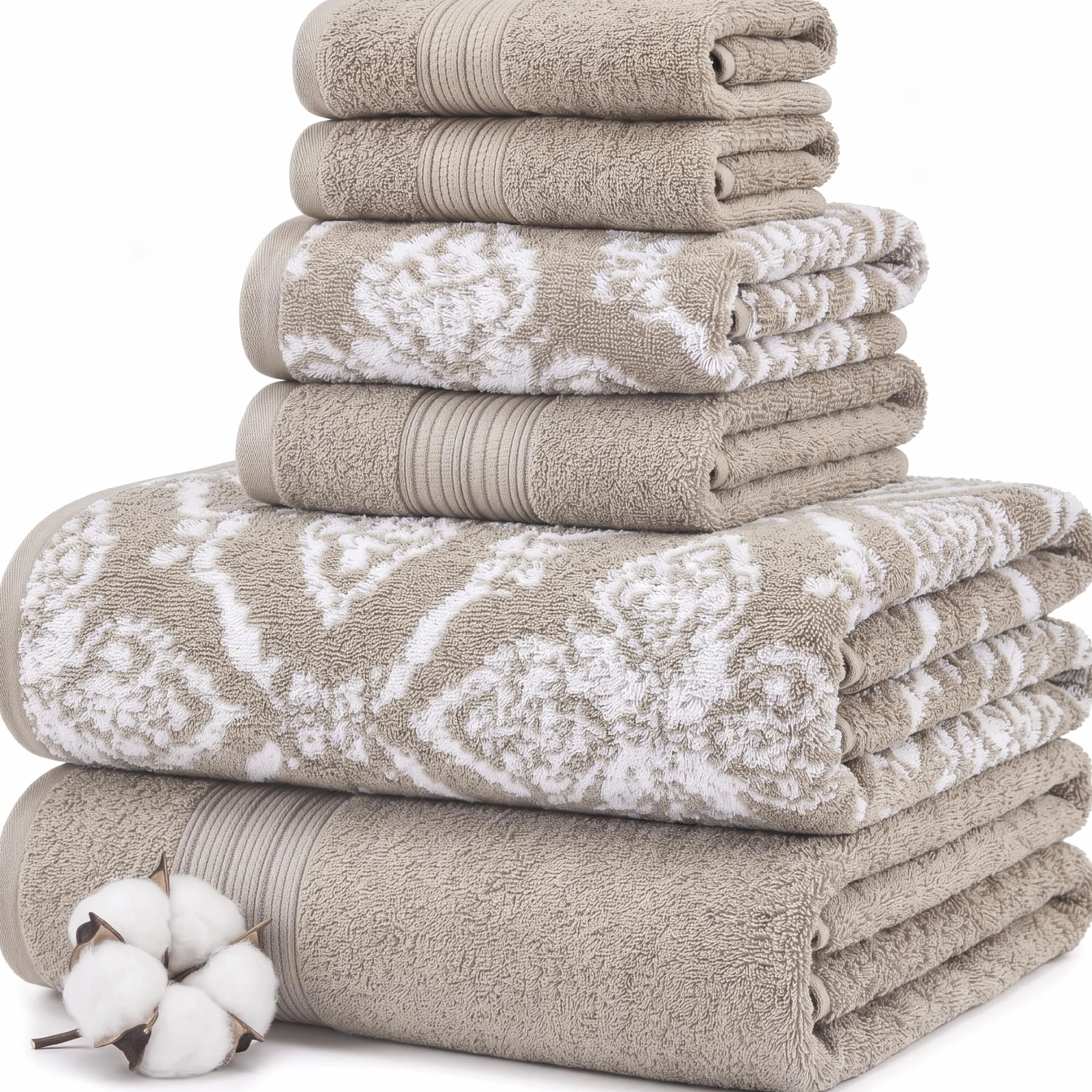 Modern Threads Amaris - Juego de 6 Toallas Reversibles de Jacquard teñidas, Toallas de baño, Toallas de Mano y paños de baño, súper absorbentes y de Secado rápido, 100% algodón Peinado, Color Caqui