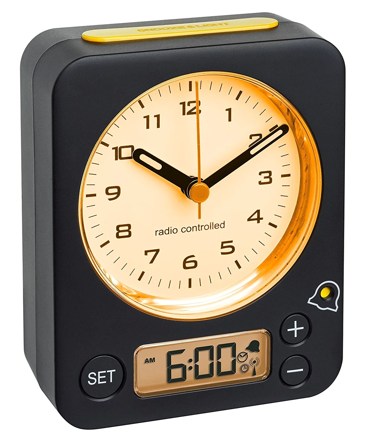 TFA-Dostmann 60.1511 Radio Despertador Combo Reloj Despertador de Viaje analógica, Negro-Amarillo con baterías