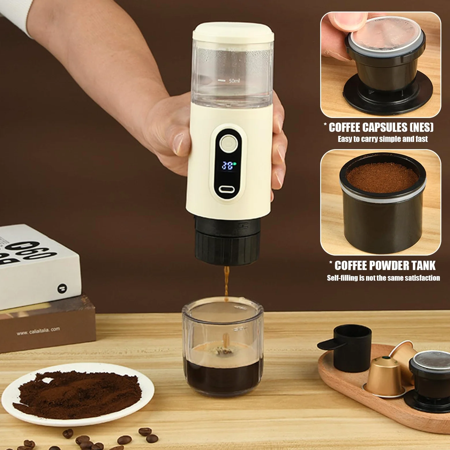 Kouamor Cafetera espresso portátil inalámbrica, cafetera de camping, autocalentamiento con USB-C, pequeña cafetera portátil compatible con café molido y cápsula NS (blanco)